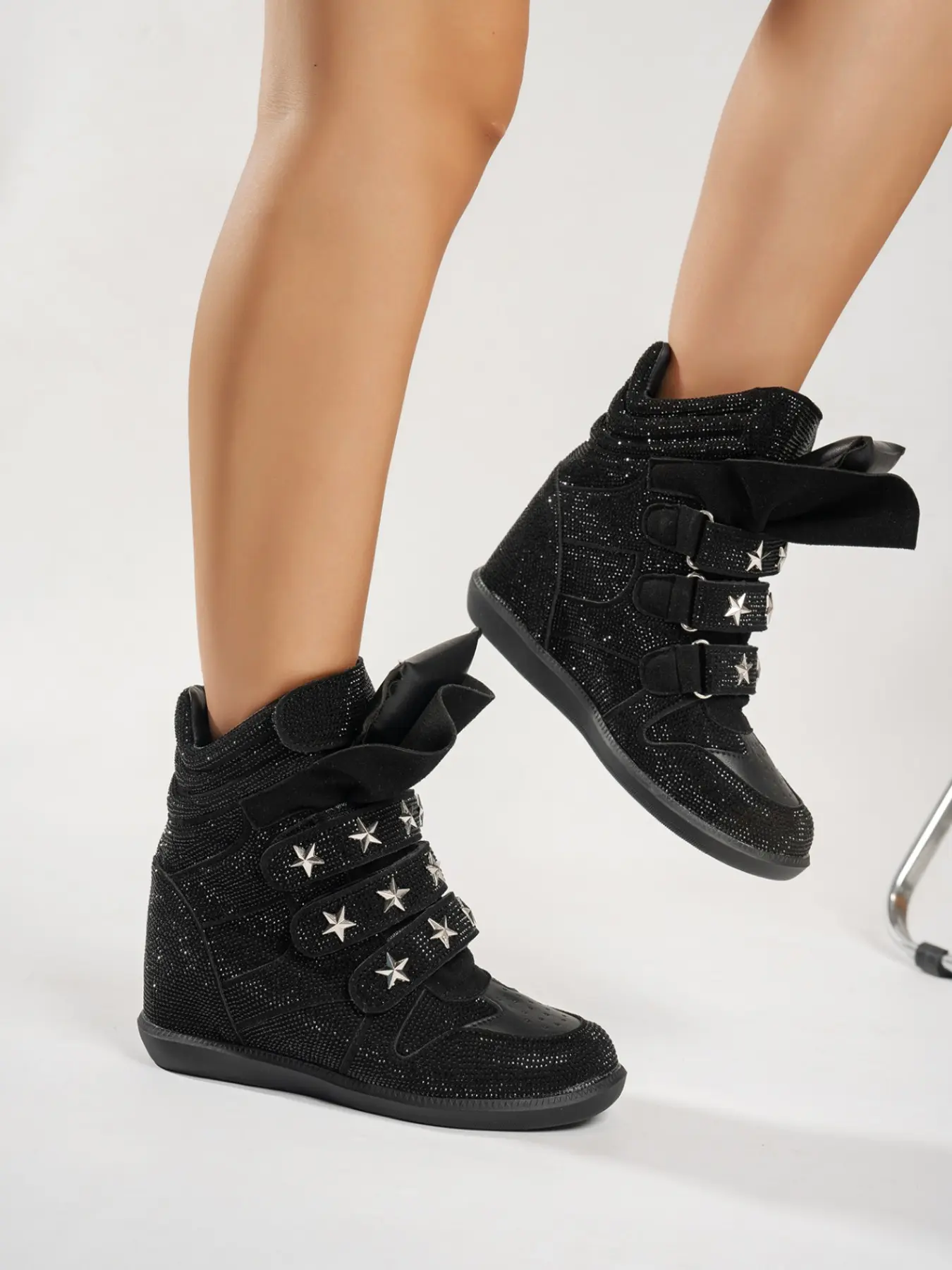 Women's High Top Casual Sneakers, Round Toe Hidden Wedge, Textile Upper, PU Sole, Patchwork Design, Fall Winter Fashion Shoes