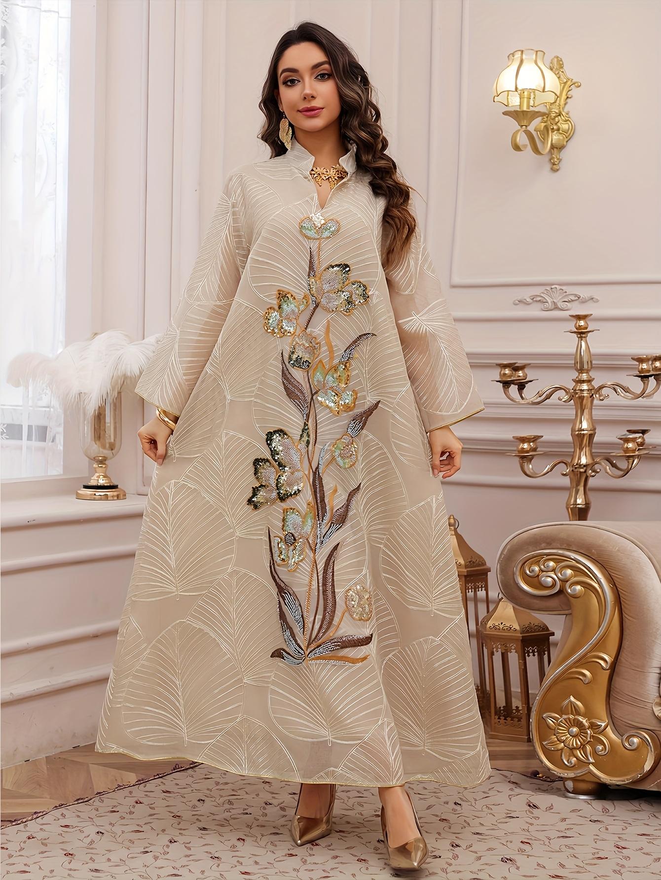 1pc Women's Jalabaya Abaya Gown - Elegant Dubai Party Dress with Floral embroidery, Long Formalrobe for Wedding, Gala, Ramadan - Non-Stretchy Muslim Formal Attire, Galaxy Event Wear, Intricate Embroidery