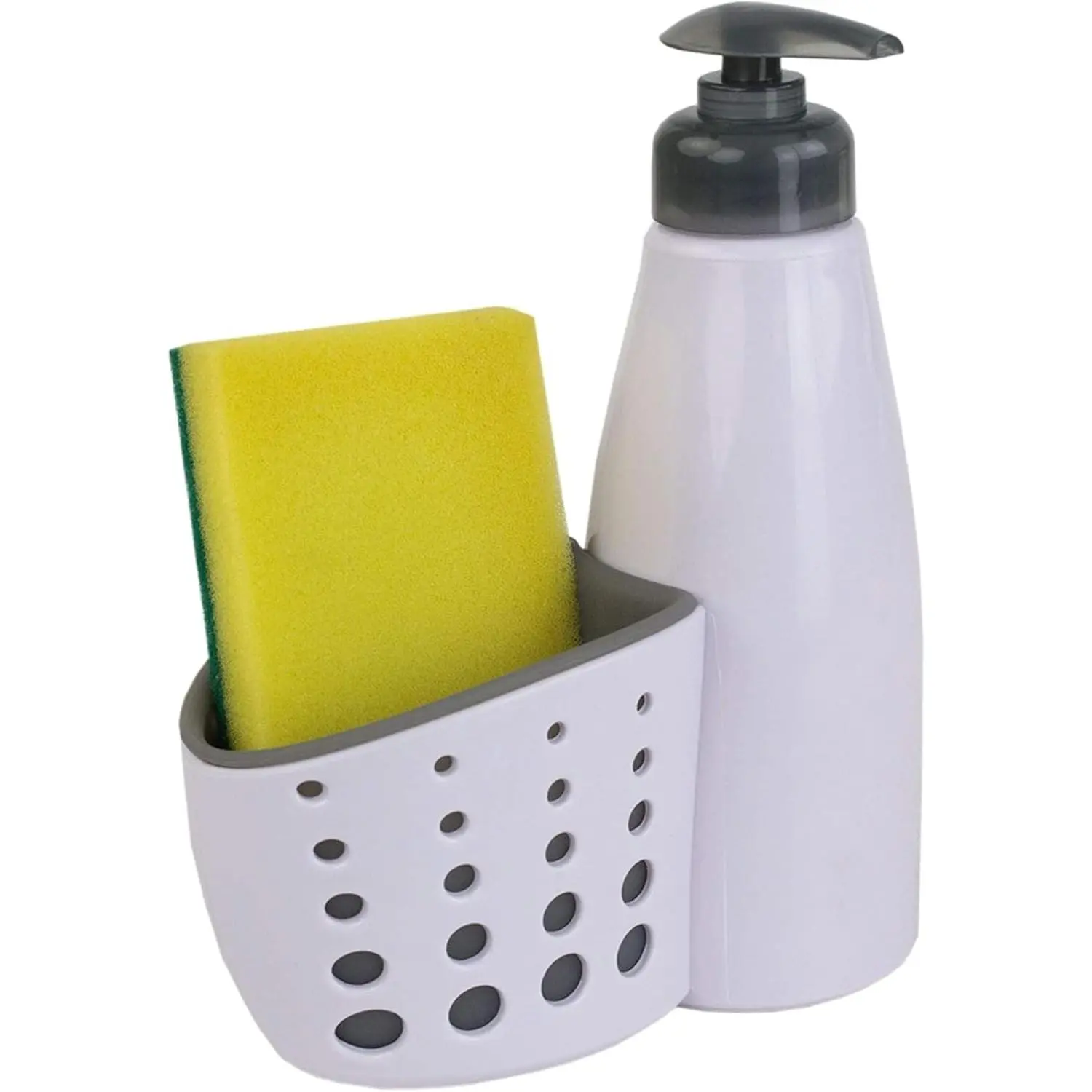 Countertop Soap Pump with Perforated Sponge Holder - White | Soap Dispenser with Accessory  - Sponge Included