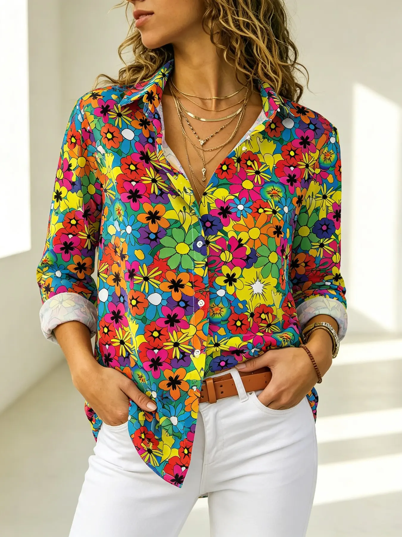 2026 New Women's American Retro Colorblock Floral Sunflower Blouse, Vacation Style Rollable Sleeve Casual Long Sleeve Cardigan