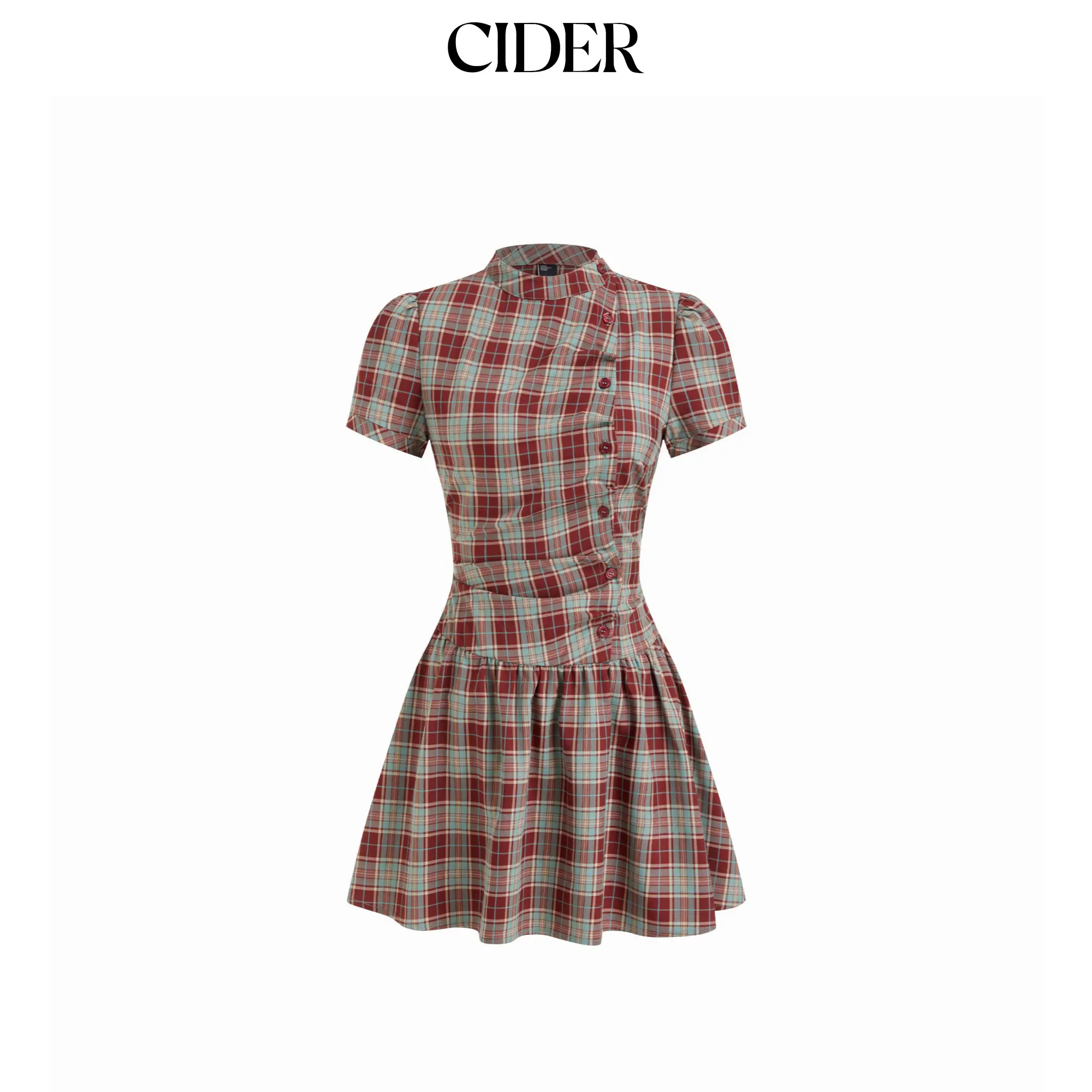 Cider Plaid Stand Collar Puff Sleeve Tie Back Button Mini Dress SohoChic