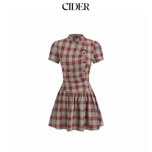 Cider Plaid Stand Collar Puff Sleeve Tie Back Button Mini Dress SummerFinds