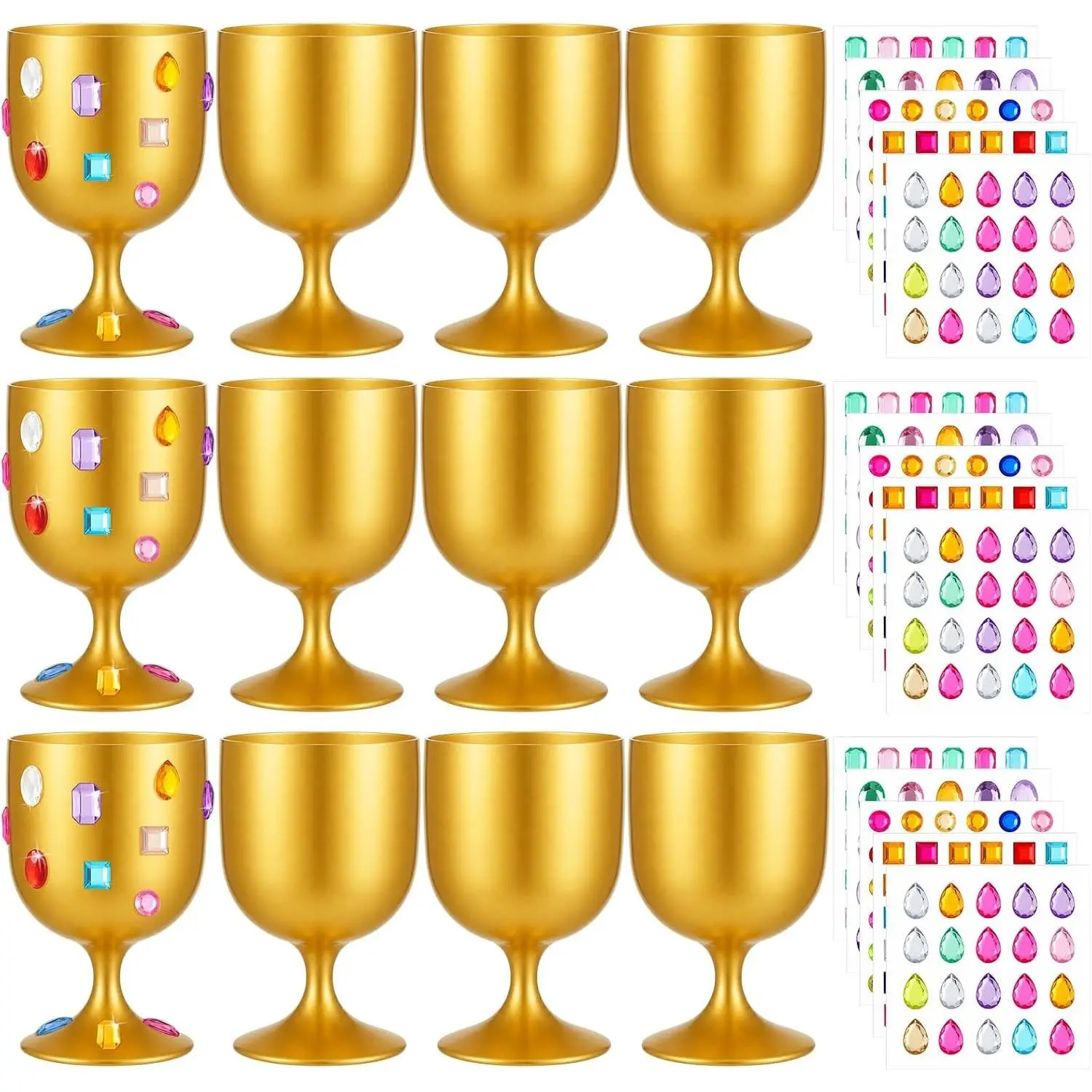 15 Pcs Medieval Gold Goblets 7 oz DIY Medieval Chalice with Gem | Stickers Gold Plastic Goblets Vintage King Queen Chalice Wine Cup Medieval Party Decor for Wedding Toasting Carnival Drinking