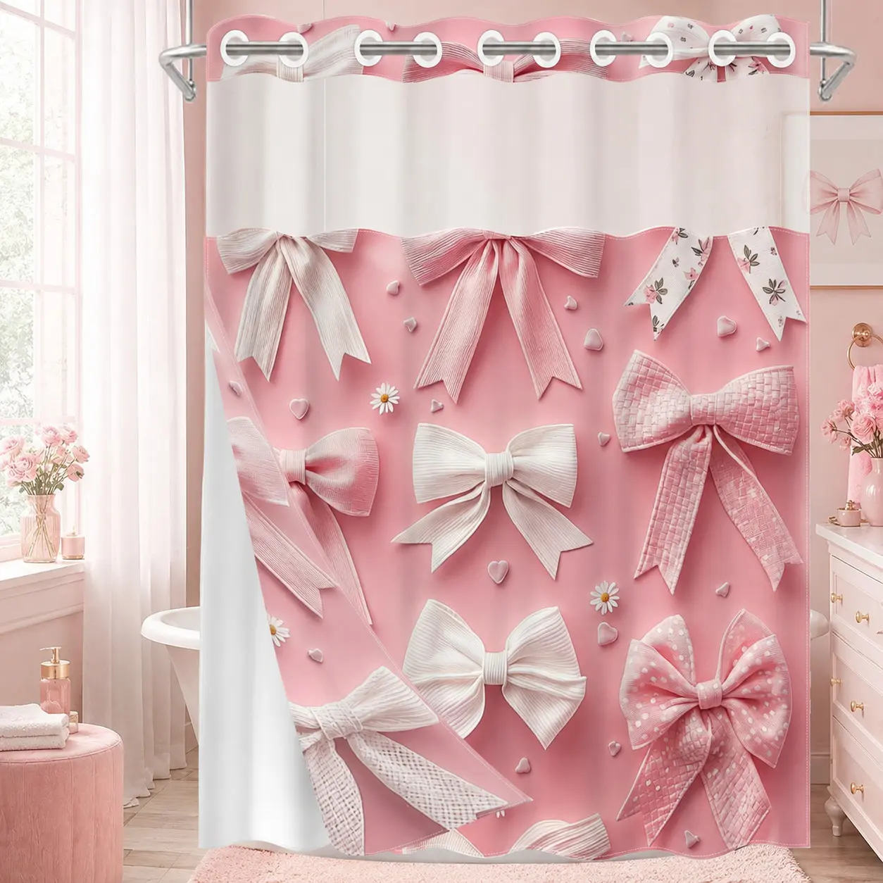 1pc hookless shower curtain with buckle lining, spring pink and white bow design, 2D flat printing, fabric waterproof lining, see-through double-layer shower curtain, 71 x 74 inches, Shower Curtain Cute, Shower Curtain Liner