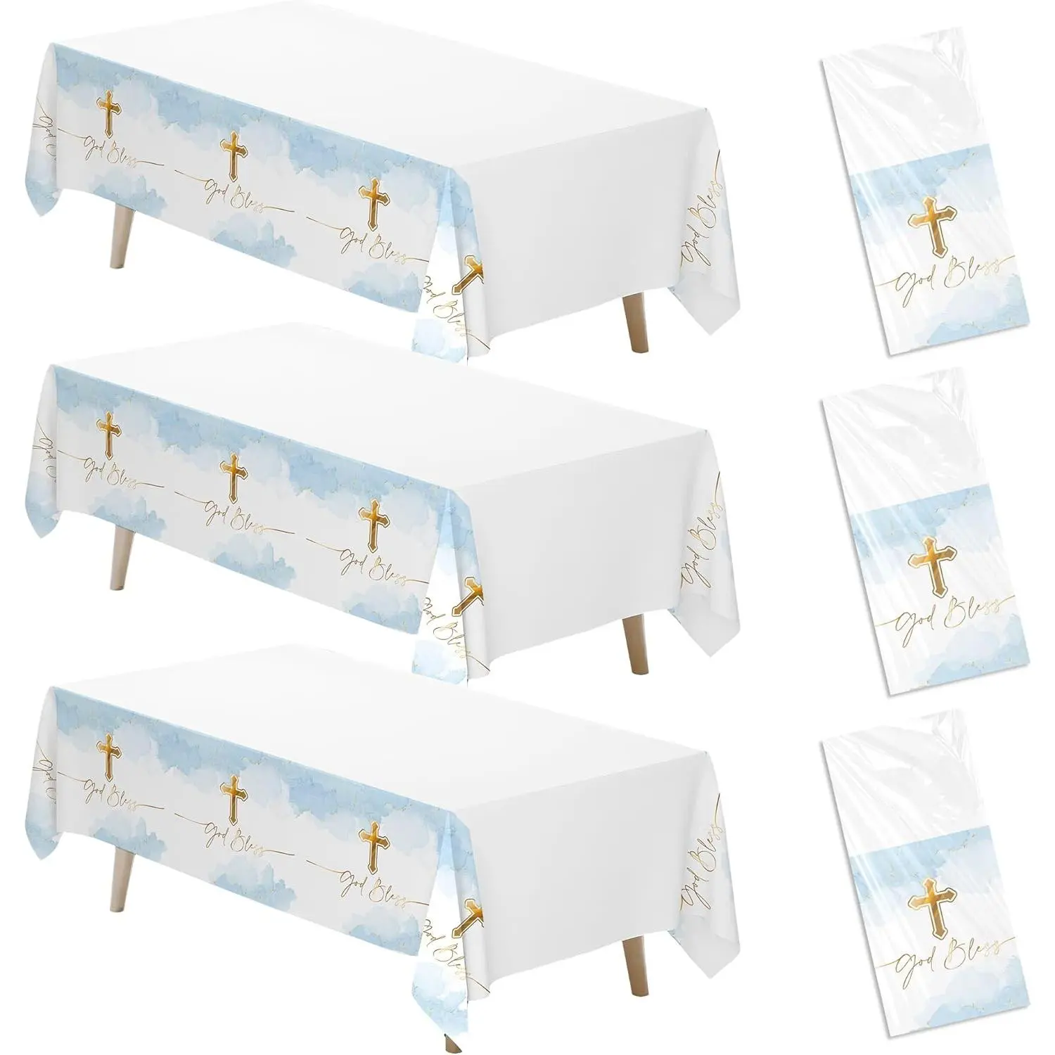 God Bless Baptism Tablecloth Decorations for Boys, 3Pcs Disposable Gold Blue Communion Party Table Cover Supplies for Christening Shower Religious, 55in x 86in