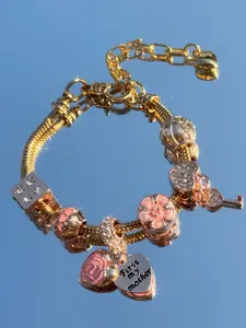 Charming Rose Charm Bracelet, Rhinestone Heart Lock and Key Pendant, DIY Adjustable Bracelet, Perfect Gift for Mom's Birthday