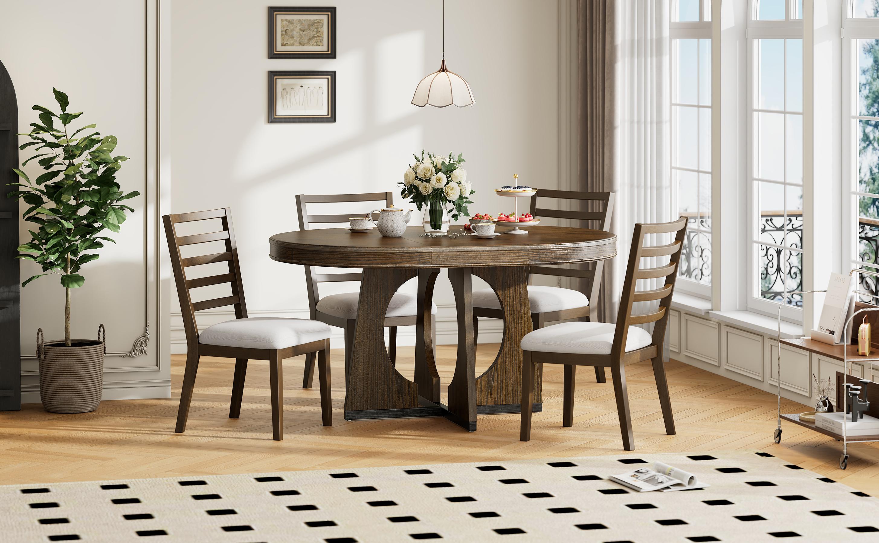 ARCH TREXM Round Dining Table for 4 with Chairs Set, Extendable Dining Table Set with 16" Removable Middle Leaf, 5 Piece Retro Dining Table Set Unique Geometric Design for Kitchen, Dining Room (Walnut)