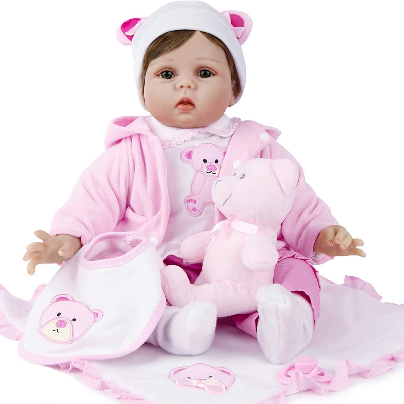 22 Inch Realistic Girl Doll With Bear Doll, Realistic Baby Girl Doll with Plush Bear Set, Lifelike Reborn Baby Doll Set, Lifelike Reborn Doll, Gift Toy For Kids, Reborn Baby Dolls