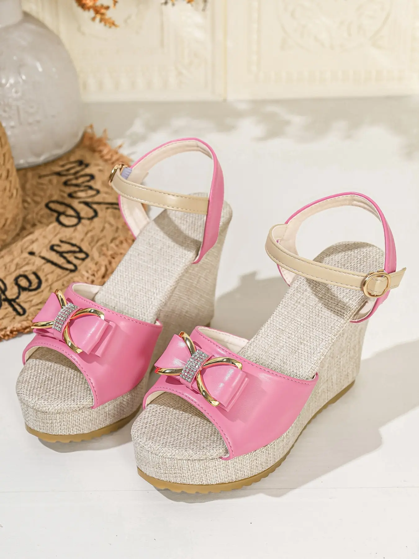 Women Bow Rhinestone Platform Wedge Sandals, Open Toe Adjustable Ankle Strap Linen Woven Espadrille Wedges, 2 Colors White Pink