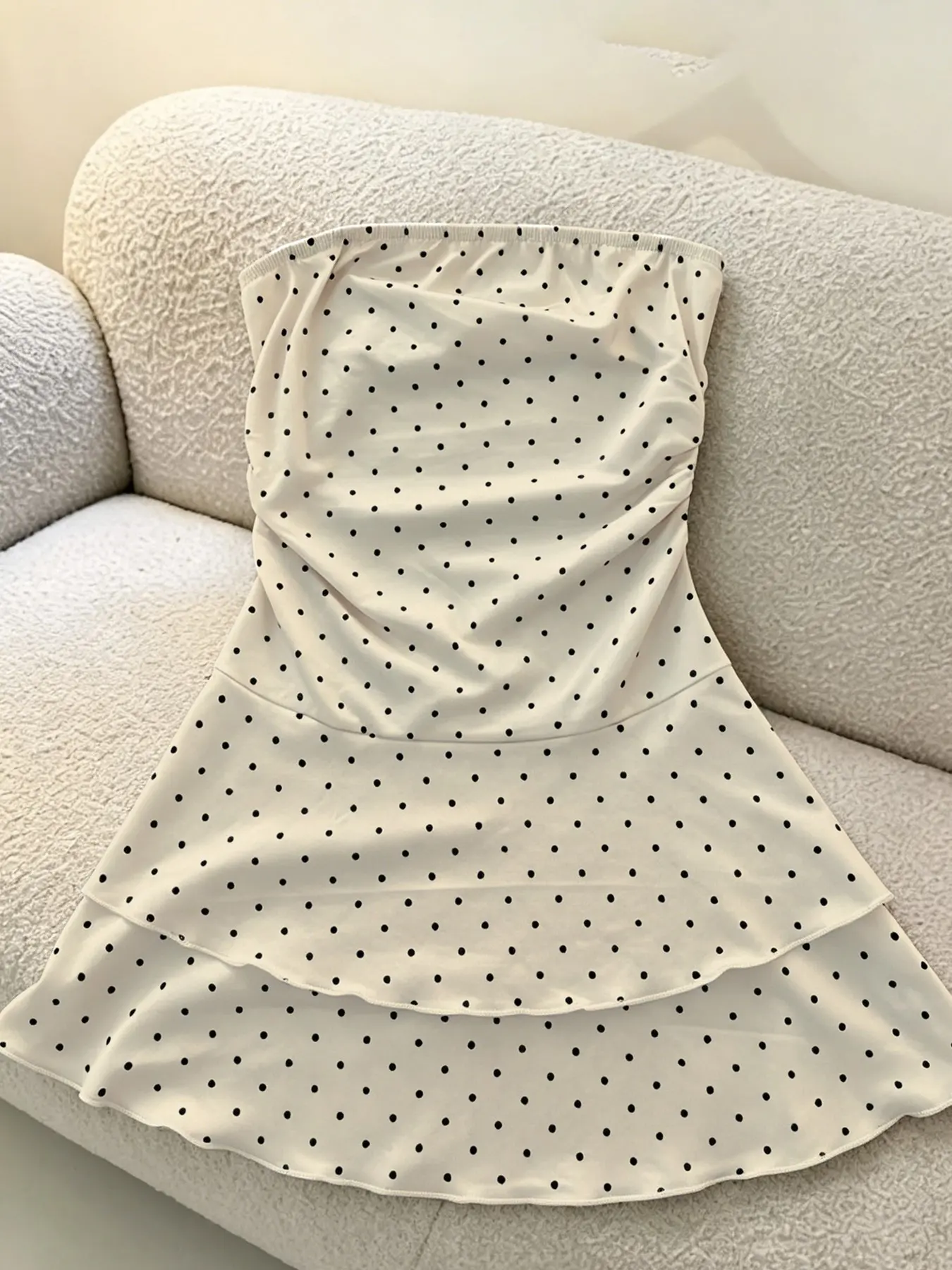 Polka Dot Strapless Dress, Waist Ruched Slim Fit, Layered Ruffle Short Skirt, Retro Beach Vacation Bodycon Dress