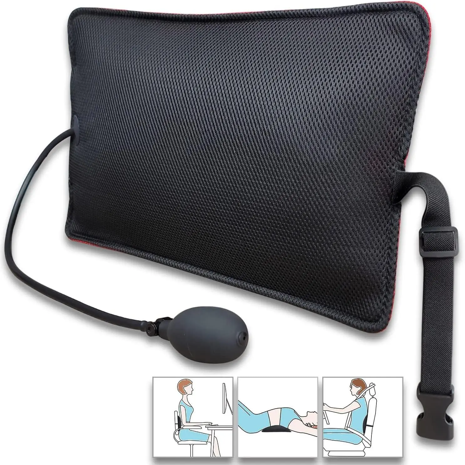 Adjustable Inflatable Lumbar Support Pillow with Air Pump - Office Chair, Car Seat Lower Back Pain Relief Back Cushion
