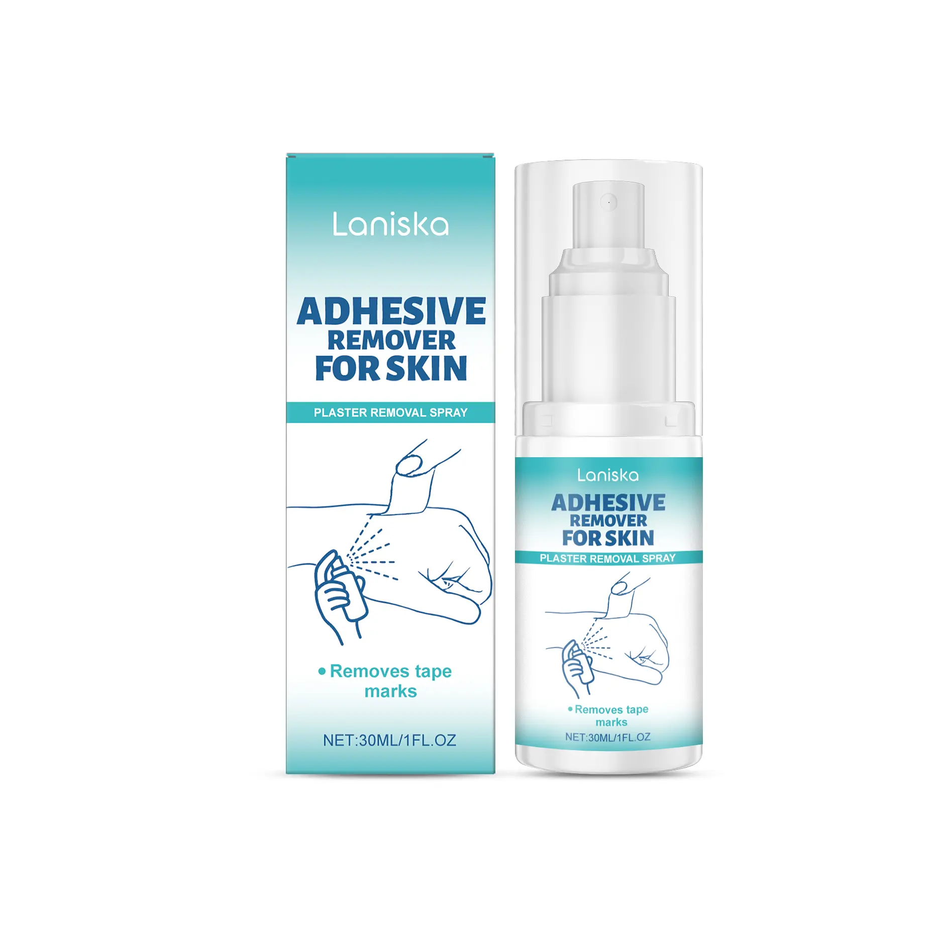 Laniska Adhesive Remover – gentle, non-sticky formula for daily skin care to clean adhesive residue from the skin surface.