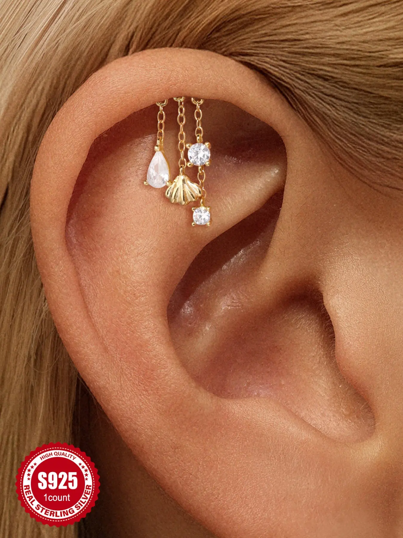 Waterproof 18K Gold Plated S925 Sterling Silver Geometric Earring | 1PC Sparkly CZ Diamond Chain Tassel Flatback Cartilage Stud | Tarnish Free Sleep Safe Helix Earrings Piercing | Hypoallergenic Celestial Gift