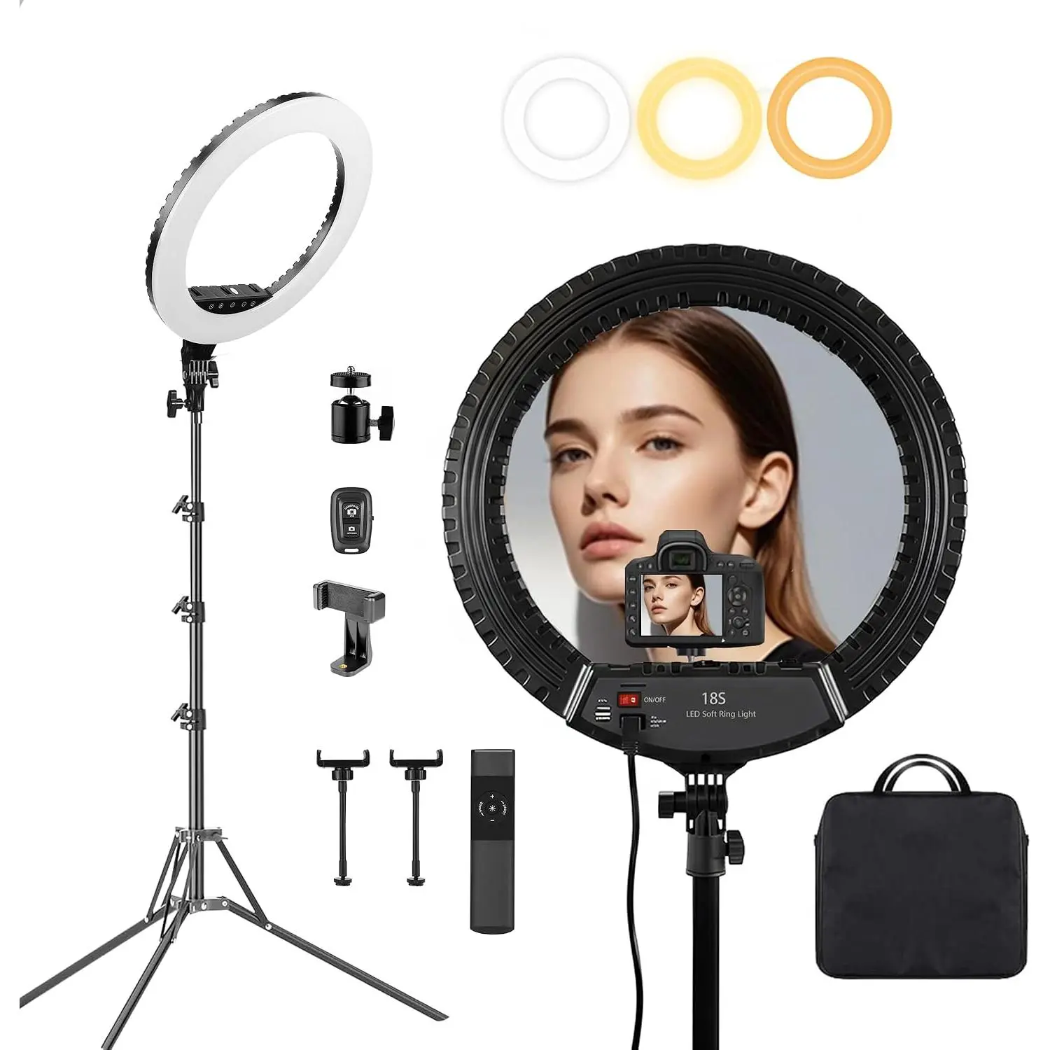 18" LED Ring Light with Tripod Stand, Professional Dimmable Ring Light Kit | 3000K-6000K Color Temperature & Brightness, for Makeup, Photography, Video Recording, Live Streaming,  & YouTube