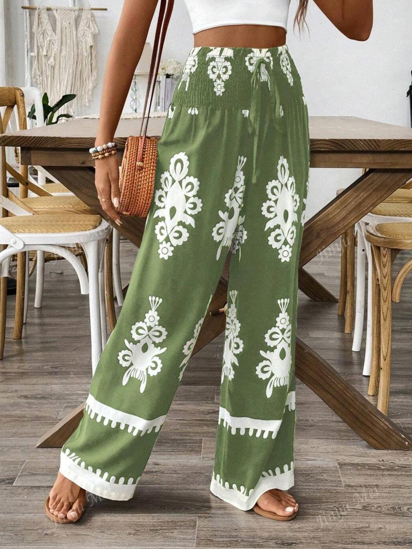 Women's Ethnic Pattern Shirred Tie Front Wide Leg Pants Comfy High Waist Trousers for Daily Holiday Vacation Wear, Ladies Casual Chic Bottoms for All Seasons, Boho Fashion Trousers