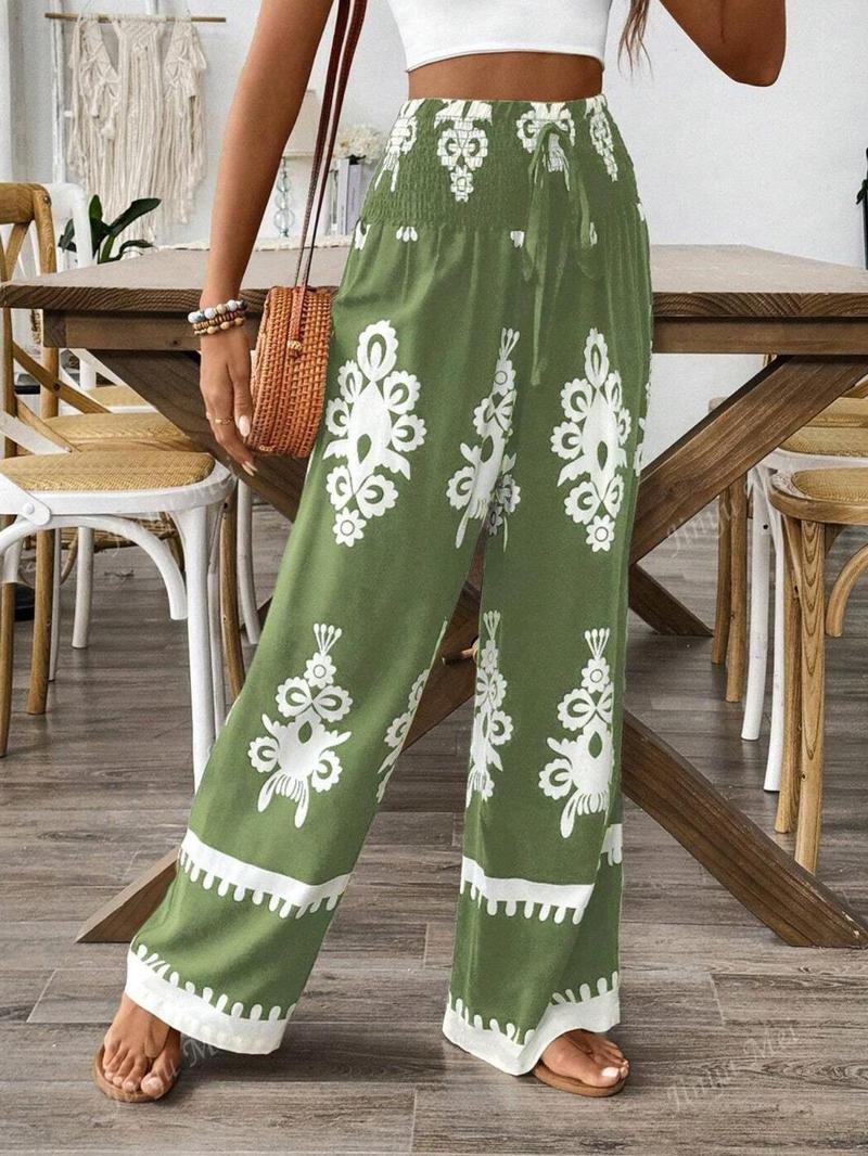 Women's Ethnic Pattern Shirred Tie Front Wide Leg Pants, Boho Style Comfy High Waist Trousers for Daily Holiday Vacation Wear, Ladies Casual Chic Bottoms for All Seasons