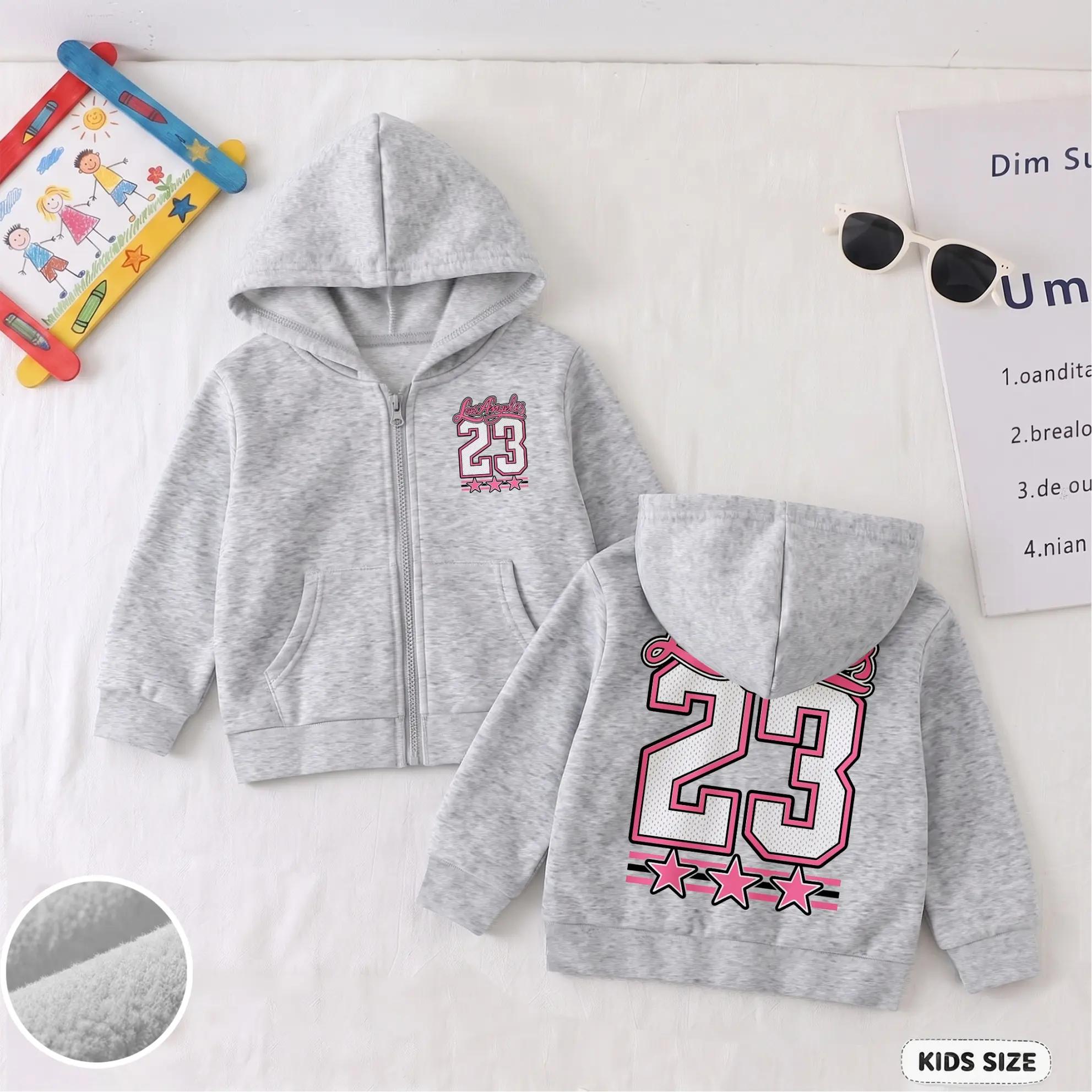 Girls Number 23 Hoodie Jacket, Trendy Graphic Zip Sweatshirt with Back Print, Cozy Soft Kids Outerwear for Daily Wear