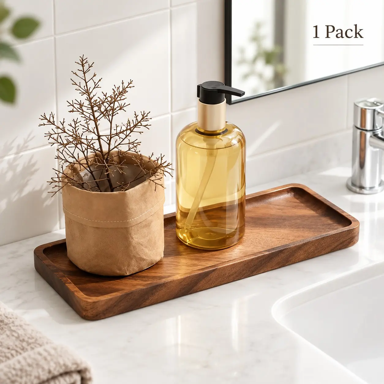 1PC Rectangular Wooden Tray, Large Bathroom Counter Storage Tray, Polished Natural Wood Grain Vanity Holder, Simple Wooden Decor Tray