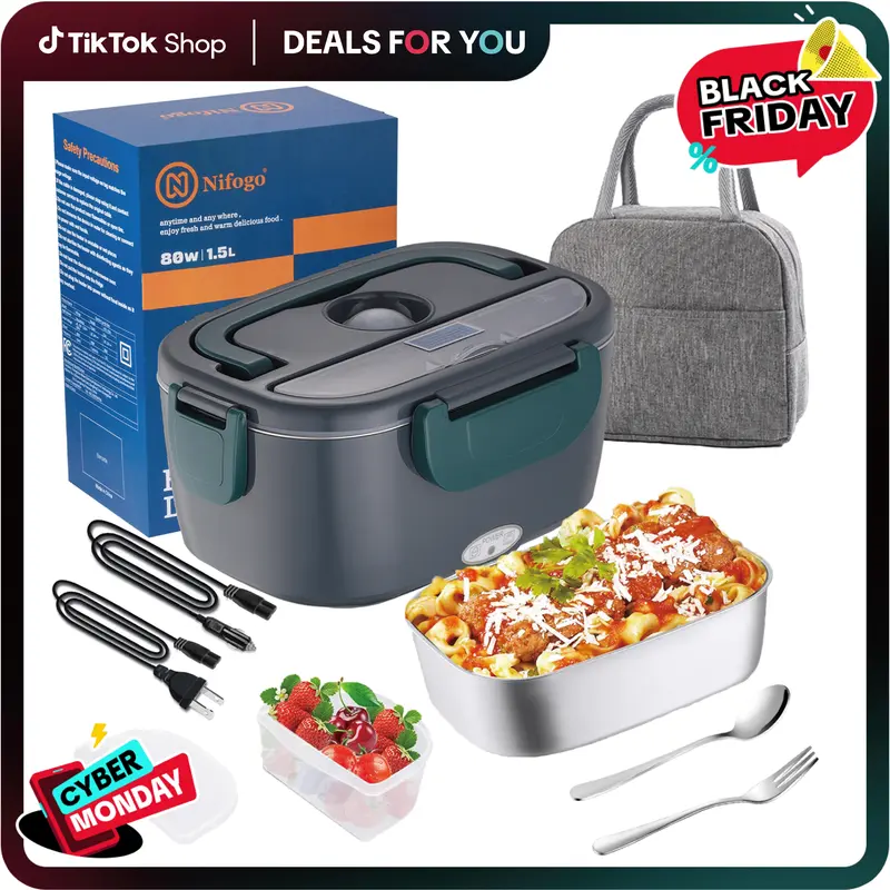 2025 Portable 80W Heating Electric Lunch Box Warmer for Adults - Leakproof Lunchbox, 1.5L Thermal Insulated Container, Bento Box Style with Food Zones, Cutlery, Carry Bag, On-the-Go Kitchen Gadget