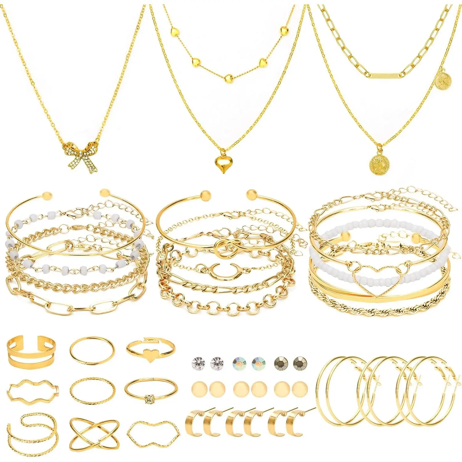 49-Piece Gold Plated Jewelry Set for Women, Fashionable Complete Accessories Set with Necklaces, Bracelets, Rings & Earrings, Fashionable Jewelry Set