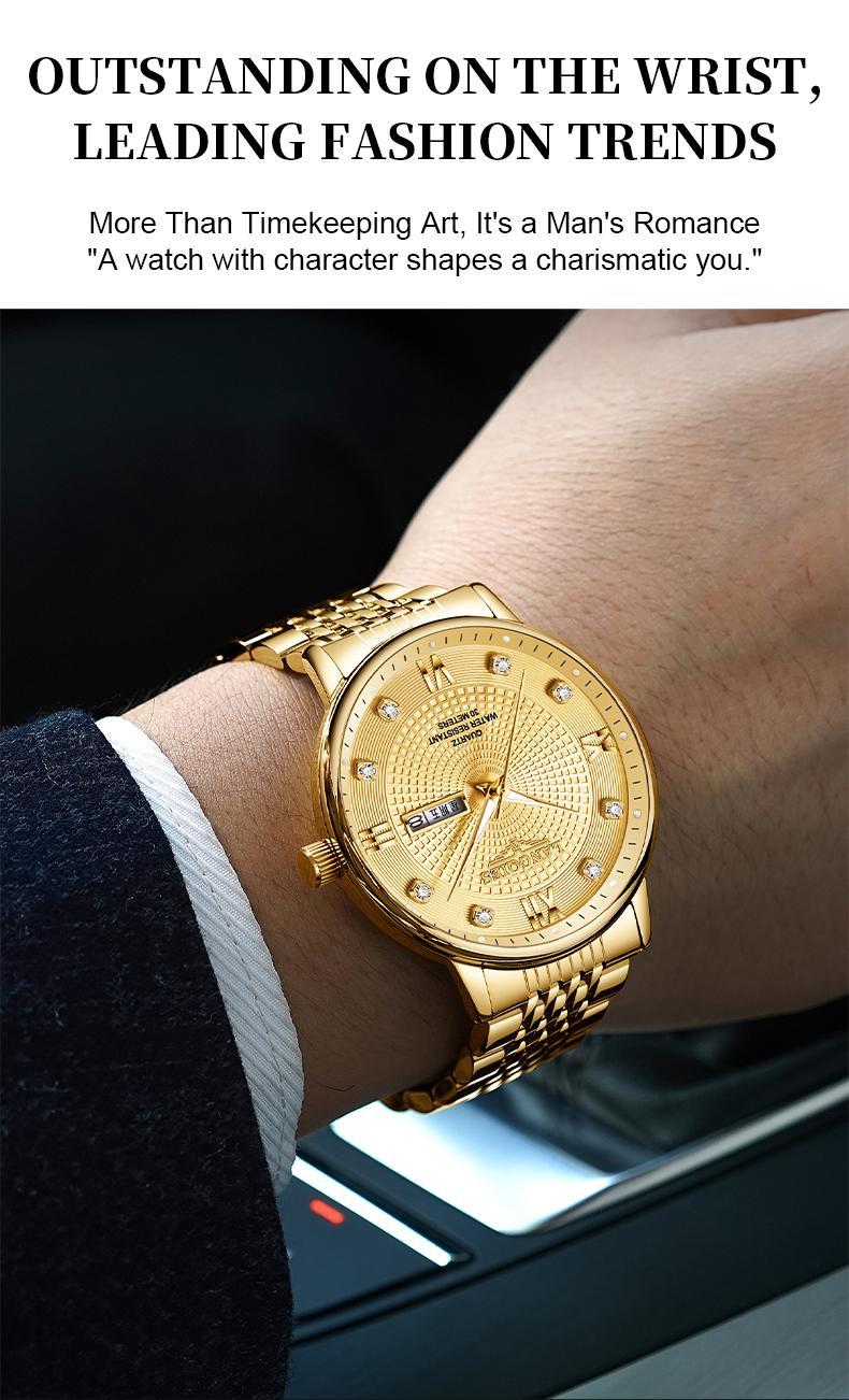 LANGQIES Elegant Multi-Function Men's Watch with Original Swiss Movement, featuring Dual Calendar, 42mm Dial, Sapphire Crystal, Stainless Steel Band, and Luminous Water-Resistant Design.