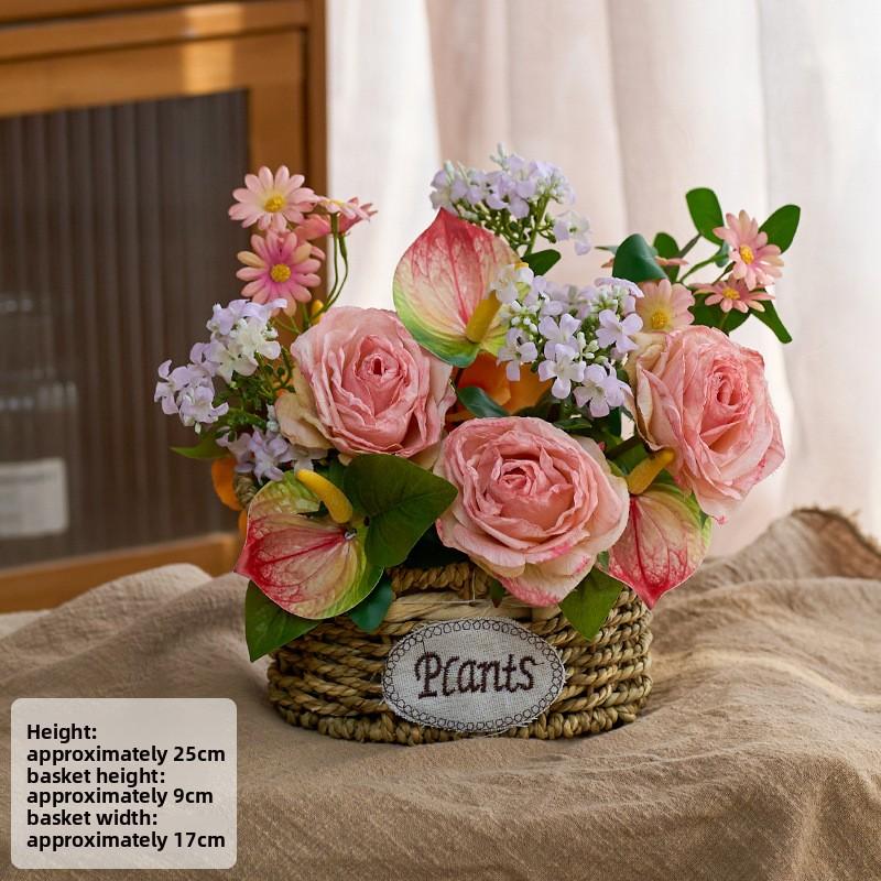 Elegant Rose  Flower Basket, Faux Floral Arrangement for Living Room & Dining Table Decor White Babys Breath Bouquet