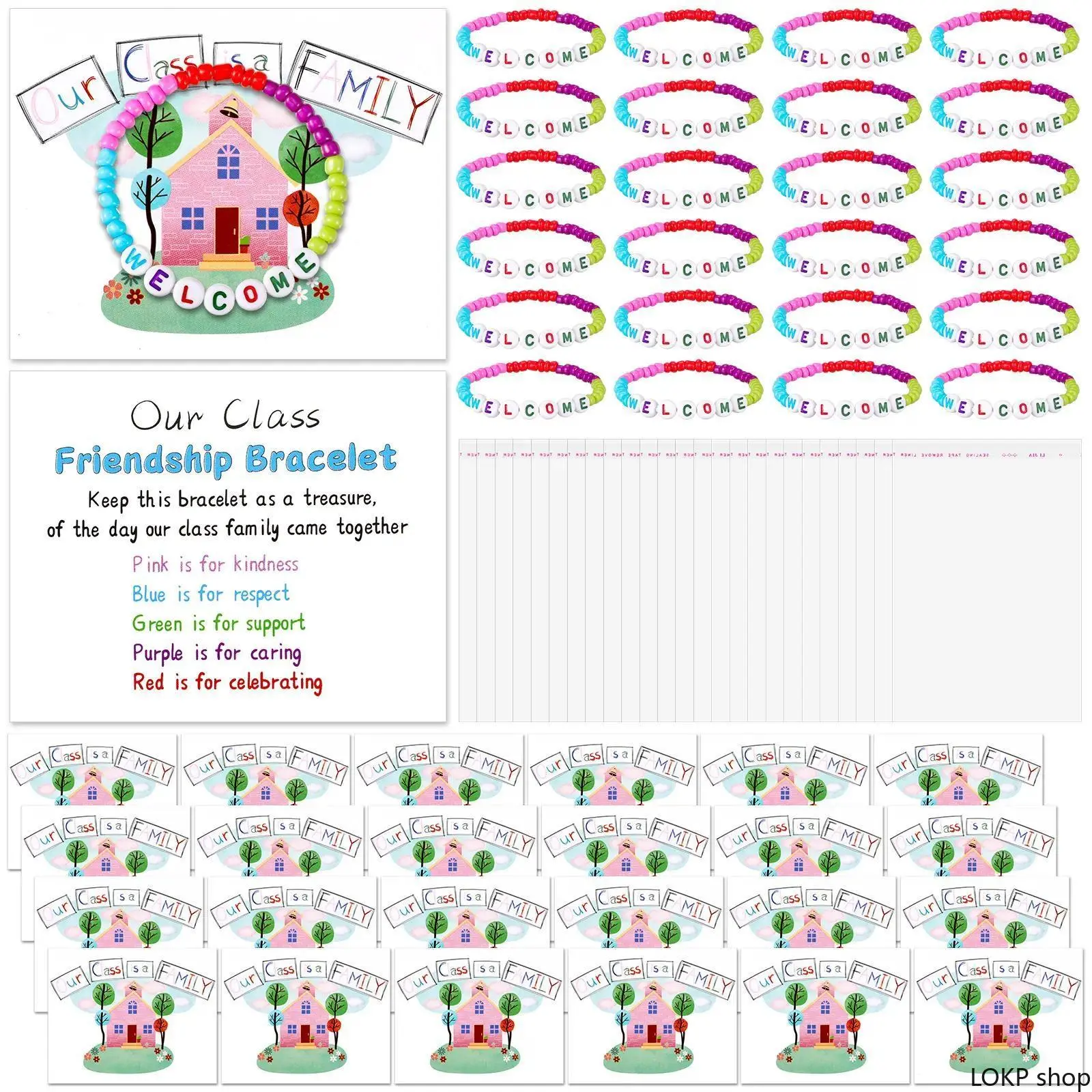 Back To School Friendship Bracelet Gift Set - Family Theme Greeting Card, Portable Packaging Bags for Kindergarten-Elementary Students, Classroom Rewards & Party Goodie Bags