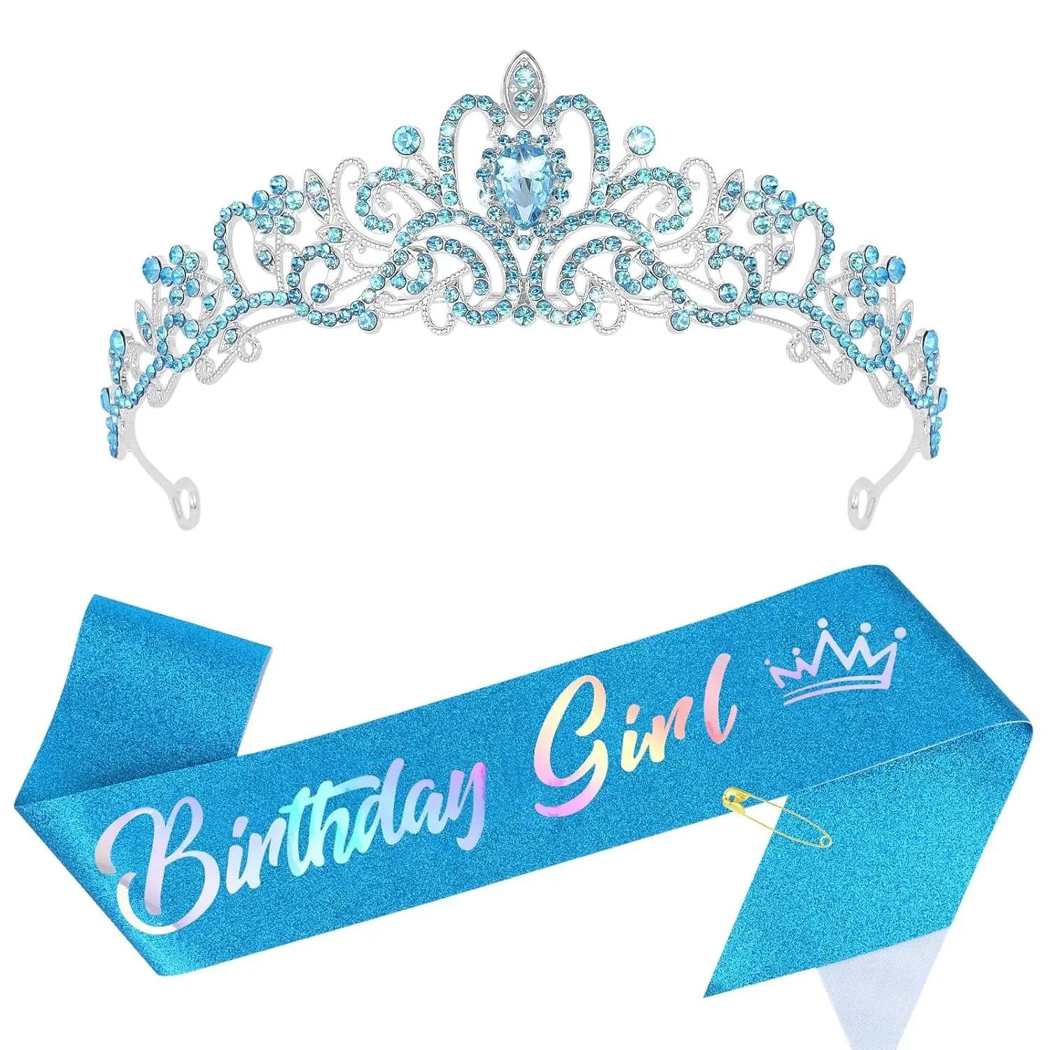 Birthday Girl Sash and Crown Tiara, Blue Princess Crown for Women and Girls, Birthday Decorations and GiftsGift
