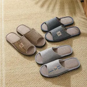 Fashion New Breathable Linen Open-Toe House Slippers, All-Season Silent Non-Slip Slip-On Slippers