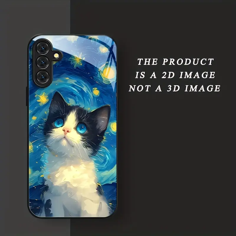 Phone Case: Oil Painting Starry Sky Cow Cat Pattern Tempered Black Glass Phone Case Suitable For Galaxy S26 S25 S24 S23 S22Pro S21 S20 Fe Plus Ultra Pro A56 A55 A54 A53 A52 A51 A36 A35 A34 A32 A26 A25 A24 A23 A16 A15 A14 A06 A05 A03s