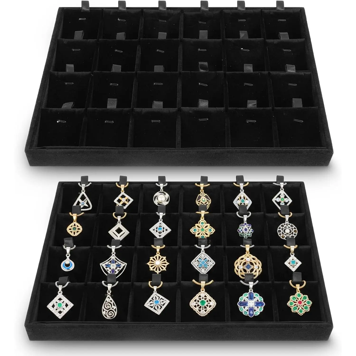 Black Stackable Tray Organizer Set (2-Pack) with Removable Adjustable Dividers, 24 Smooth Compartments, Drawer-Friendly Jewelry Storage