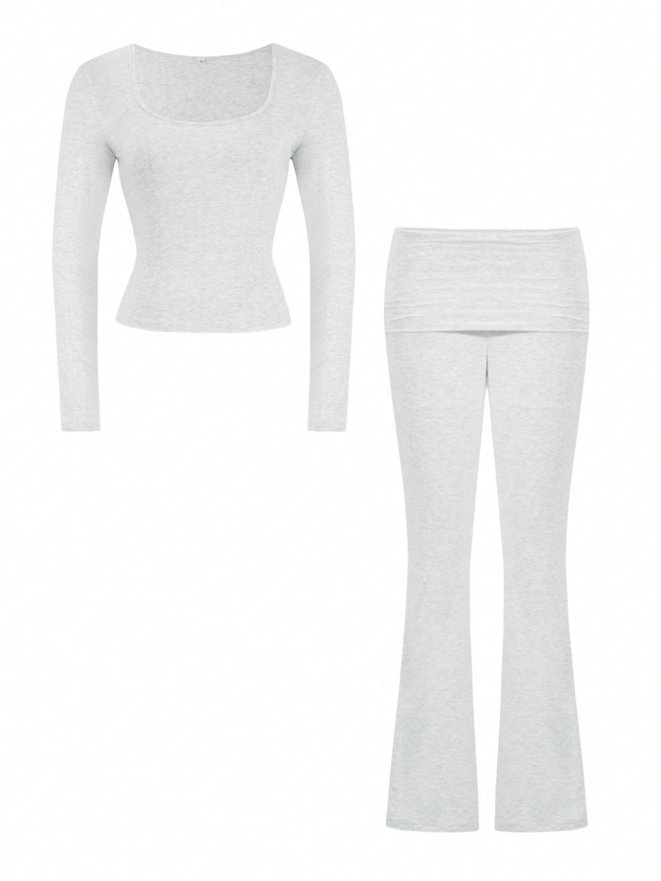 Women's Solid Color Square Neck Crop Tee & Flare Leg Pants Two-Piece Set, Casual Fashion Cozy Two Piece Outfits for Daily Outdoor Wear,Airport Outfit, Cropped Top