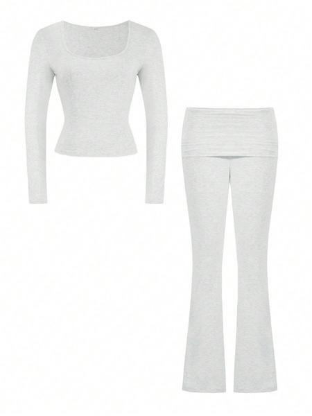 Women's Solid Color Square Neck Crop Tee & Flare Leg Pants Set, Casual Fashion Cozy Two Piece Outfits for Daily Outdoor Wear, Airport Outfit