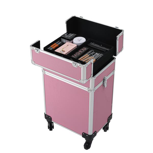 4 In 1 Aluminum Makeup Case Pink, Professional Cosmetic Storage Box for Makeup Tools Brushes and Accessories, Portable Beauty Organizer for Travel and Home Use