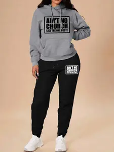 2 Pieces Womrn Sets Spring Fall Fashion Casual Home Outdoor Fitness Letter Print Women Long Sleeve Hooded Sweatshirt with Pockets + Pants Set Tracksuit