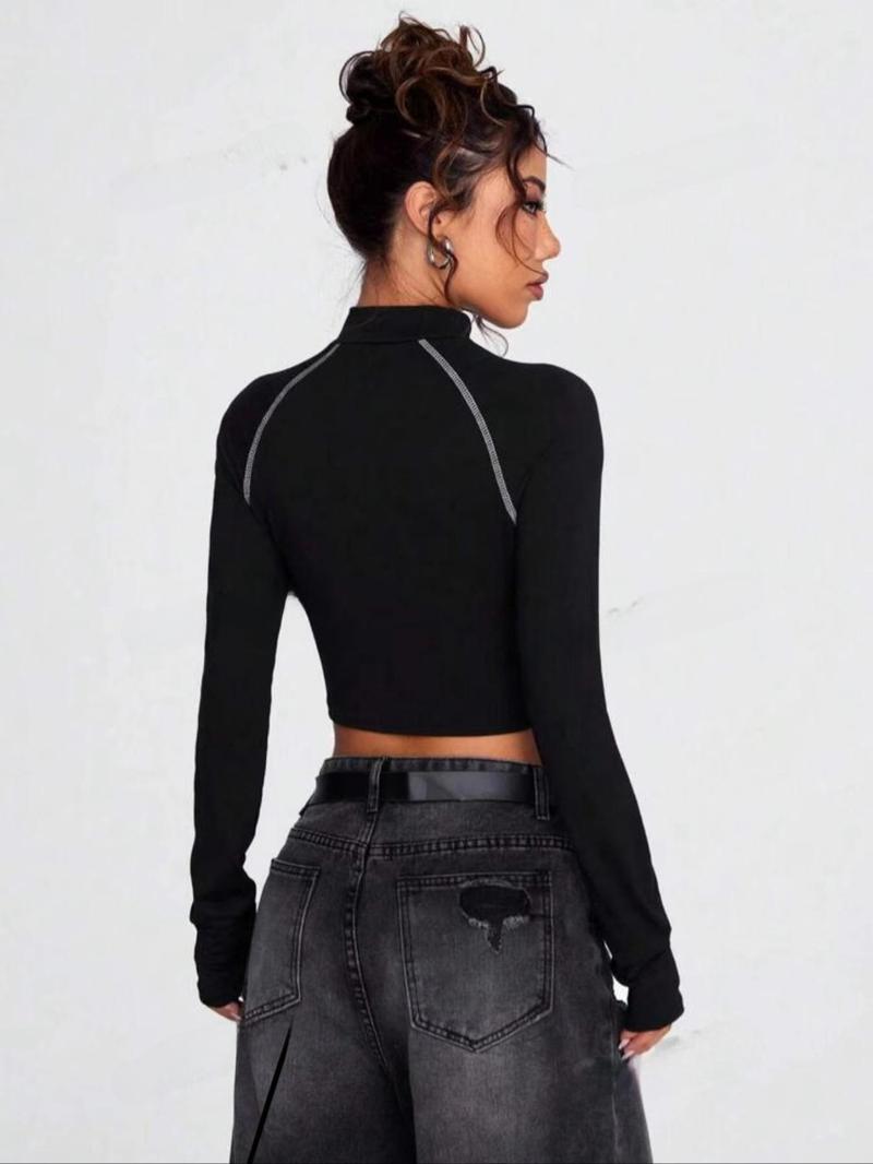 Women's Solid Color Zipper Tee, Elegant Fashion Casual Long Sleeve T-shirt for Daily Outdoor Wear, Women Clothing for Spring ＆ Fall