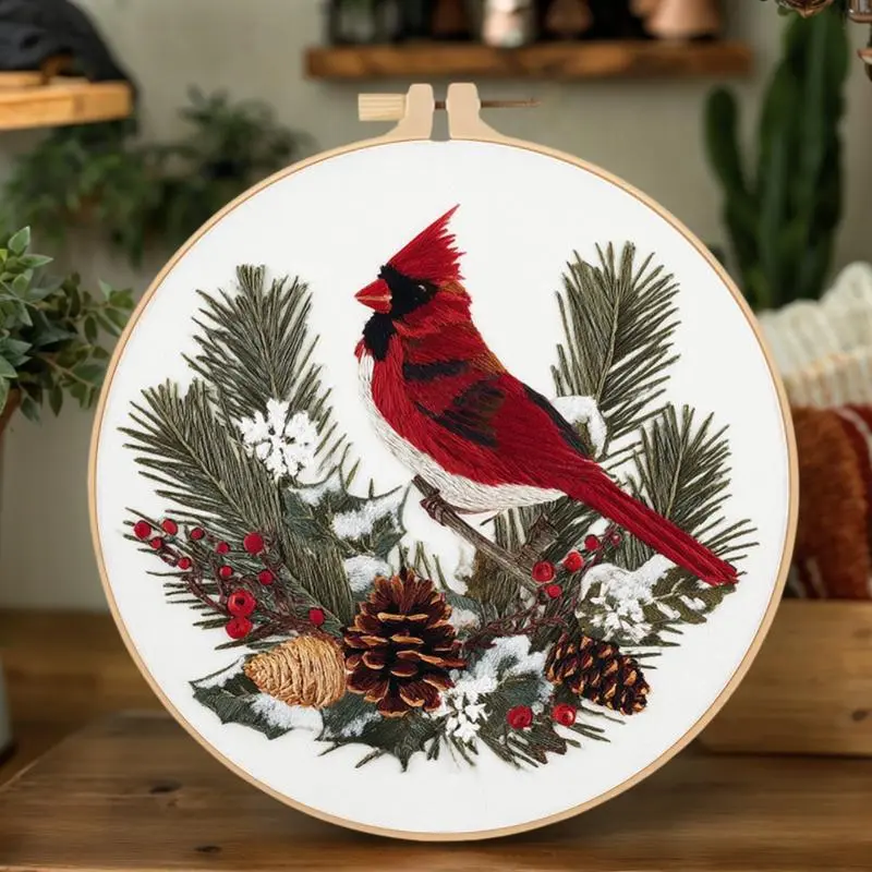 Christmas Cardinal Bird Embroidery Kit for Beginners, DIY Mixed Textile Stitching Craft, Handmade Holiday Needlework Project with English Guide