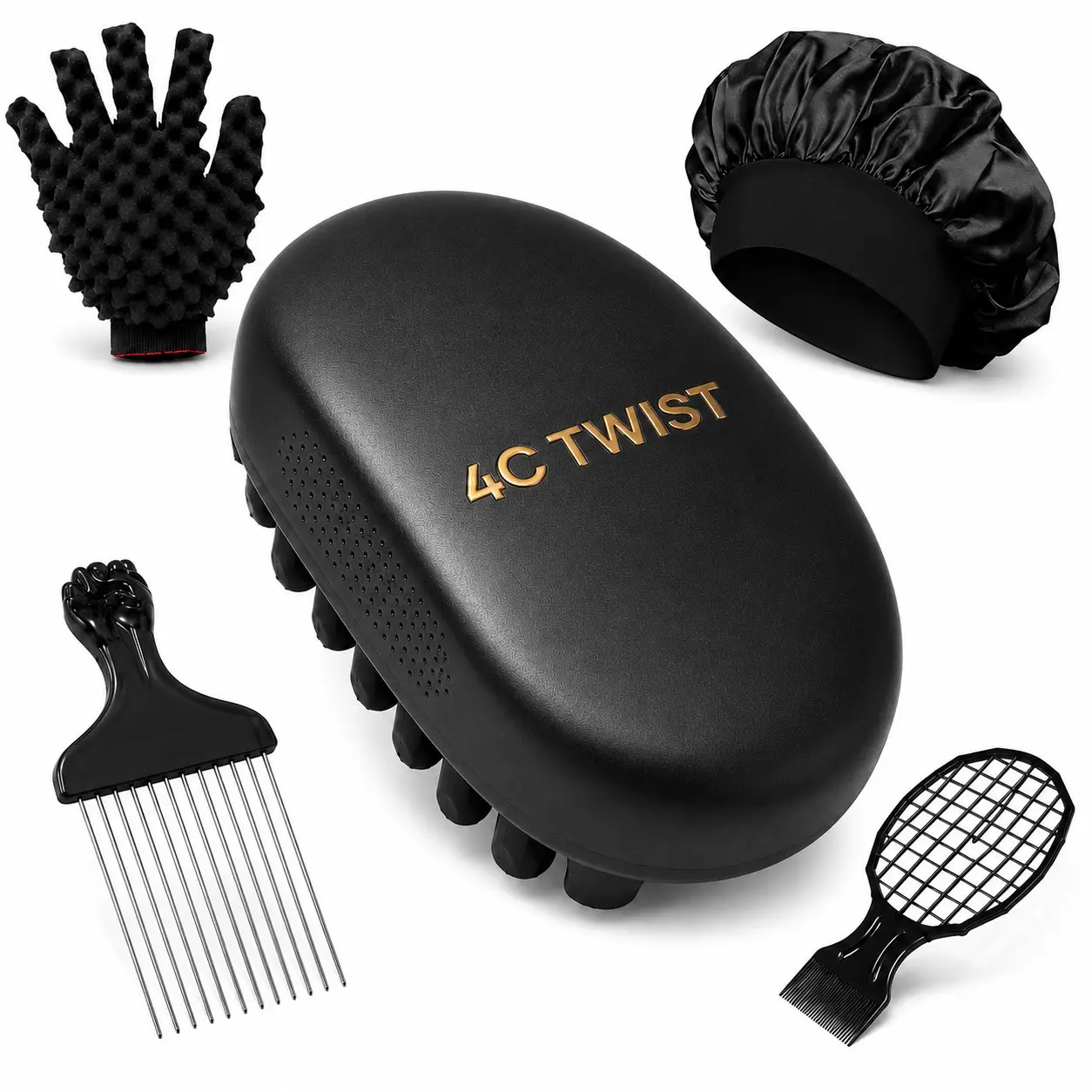5PCS Natural Hair Styling Kit with 4C Twist Brush, Mesh Styling Comb, Metal Afro Pick, Massage Glove & Satin Bonnet, Complete Curl Defining, Detangling & Protective Hair Care Set for Coily, Curly, Afro & Textured Hair, Define Curl Brush