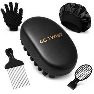 5PCS Natural Hair Styling Kit with 4C Twist Brush, Mesh Styling Comb, Metal Afro Pick, Massage Glove & Satin Bonnet, Complete Curl Defining, Detangling & Protective Hair Care Set for Coily, Curly, Afro & Textured Hair