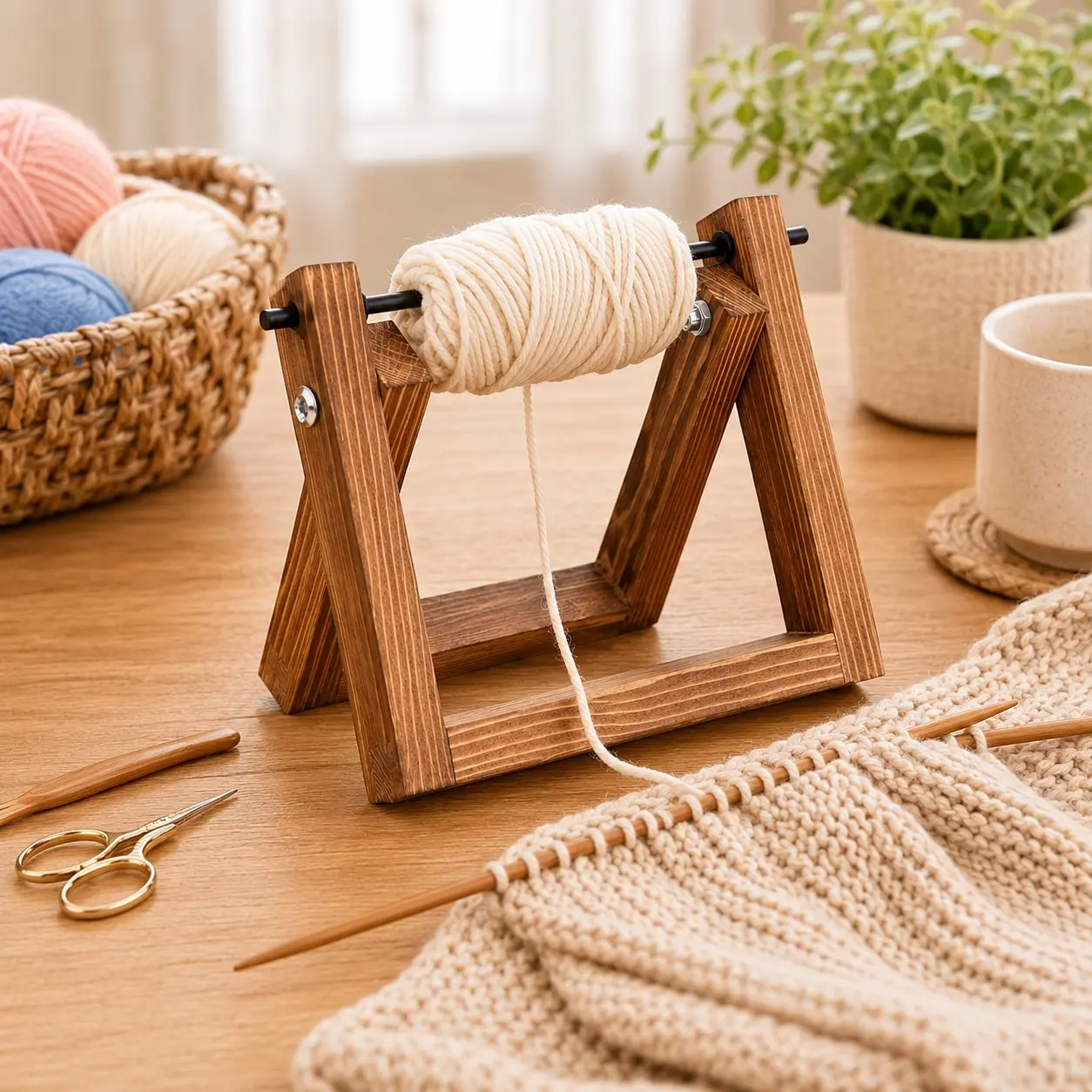 Wooden Yarn Spool Holder with Rotating Metal Rod, Tabletop Yarn Dispenser Stand for Knitting, Crochet, DIY Crafts, 1 Pack