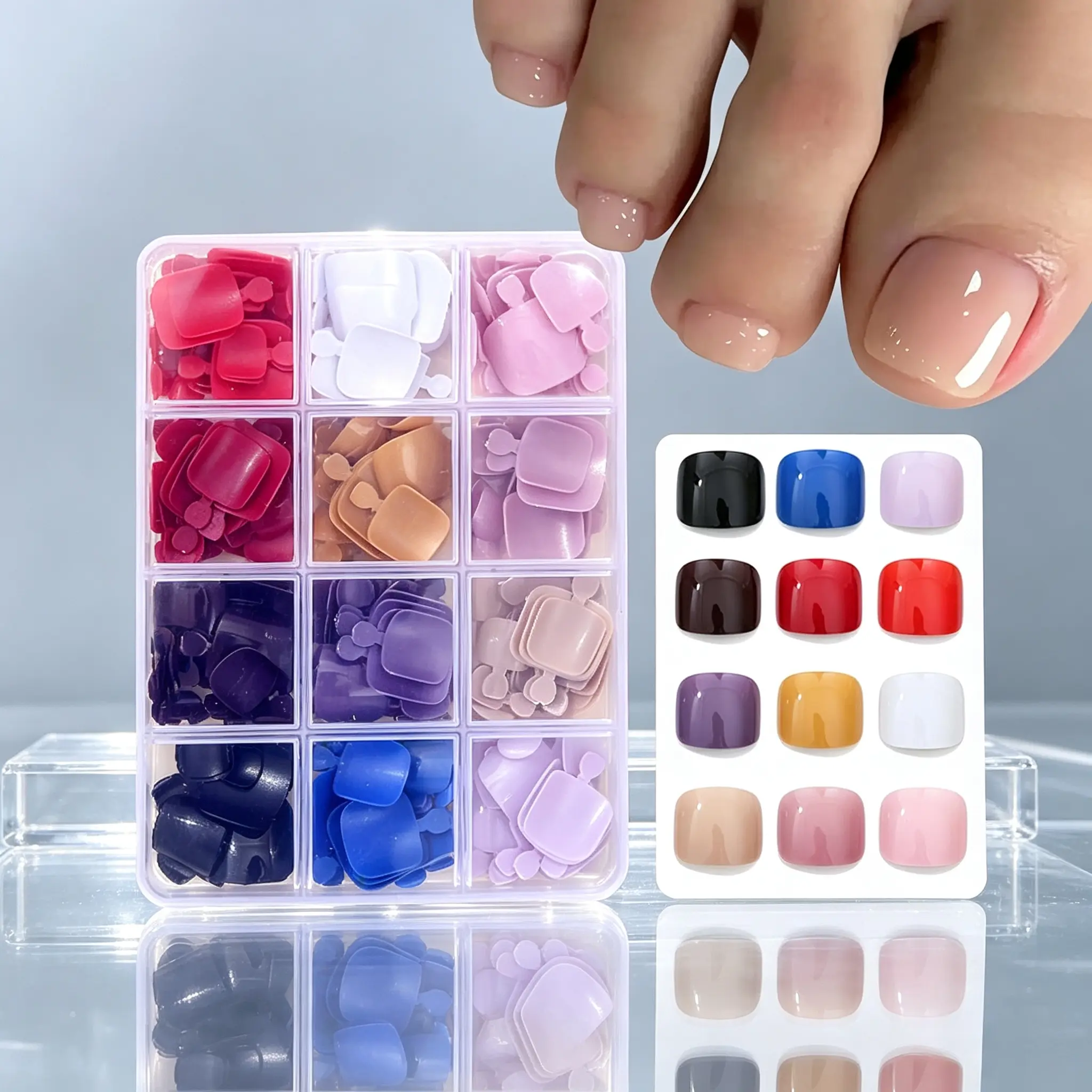 12 Grid Large Capacity Solid Toe Nail Tips, Black White Red Nude Pink Blue Purple Caramel Finished Toenails, Thin Short Square Fit Natural Nail, Removable DIY Summer Open-toe Press On Nails, Stick On Nails
