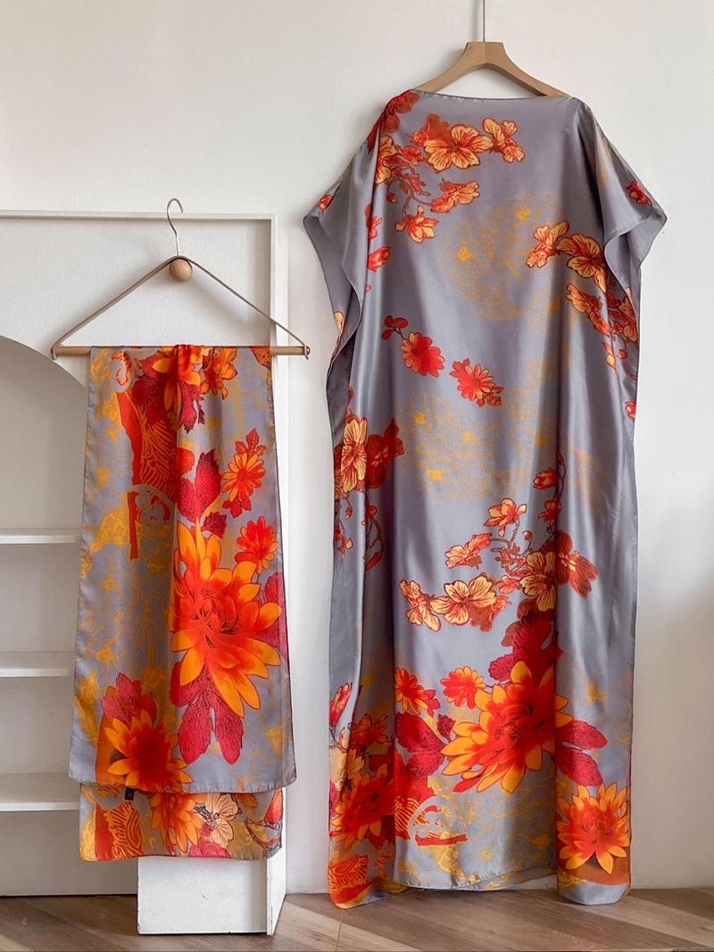 Women's Floral Print Long Dress & Scarf Set, Boho Casual Shawl Dress & Scarf Set for Beach Vacation Holiday, Ladies Clothes for All Seasons