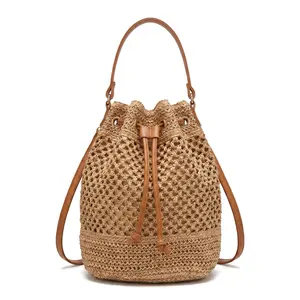 Women's Summer Large-Capacity Woven Straw Bucket Bag - Y2K Rustic-Chic Openwork Handbag with Drawstring, Effortless Chic Casual Purse for Seaside Beach Vacations & Daily Outings