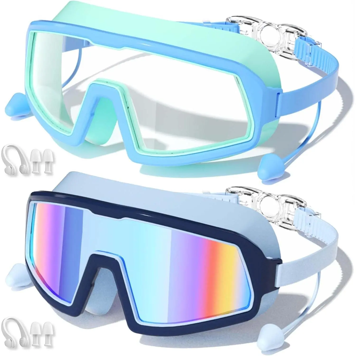Swim Goggles 2 Pack, Large Frame, Anti-Fog, UV Protection, Leakproof, Wide View,  4-14