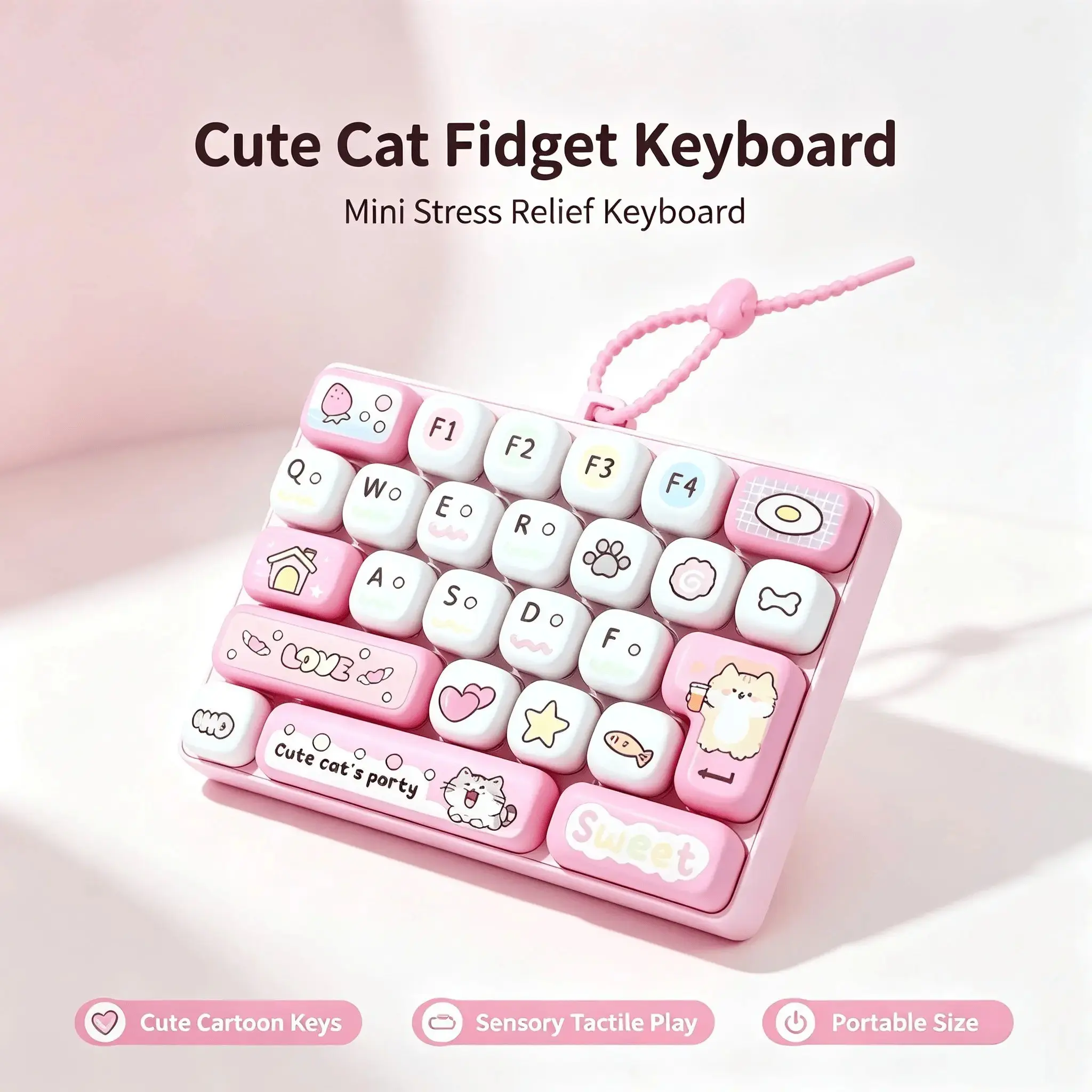 Cute 26-Key Stress Relief Mechanical Keyboard Toy, Creative Fish & Cat Pattern Keychain, Mini Fidget Keyboard Pendant, Small Funny Ornament for Backpack Handbag Decor
