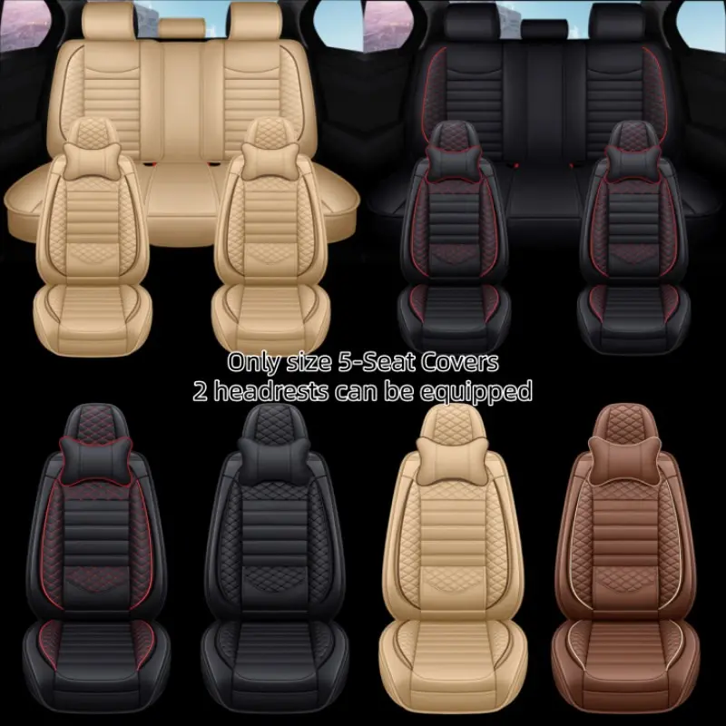 Universal Five-Seat Car Seat Covers, Premium PU Leather, Comfortable and Breathable, 3D Design, Optional Headrests, Easy Installation, Fits All Cars, Automotive Seat Covers