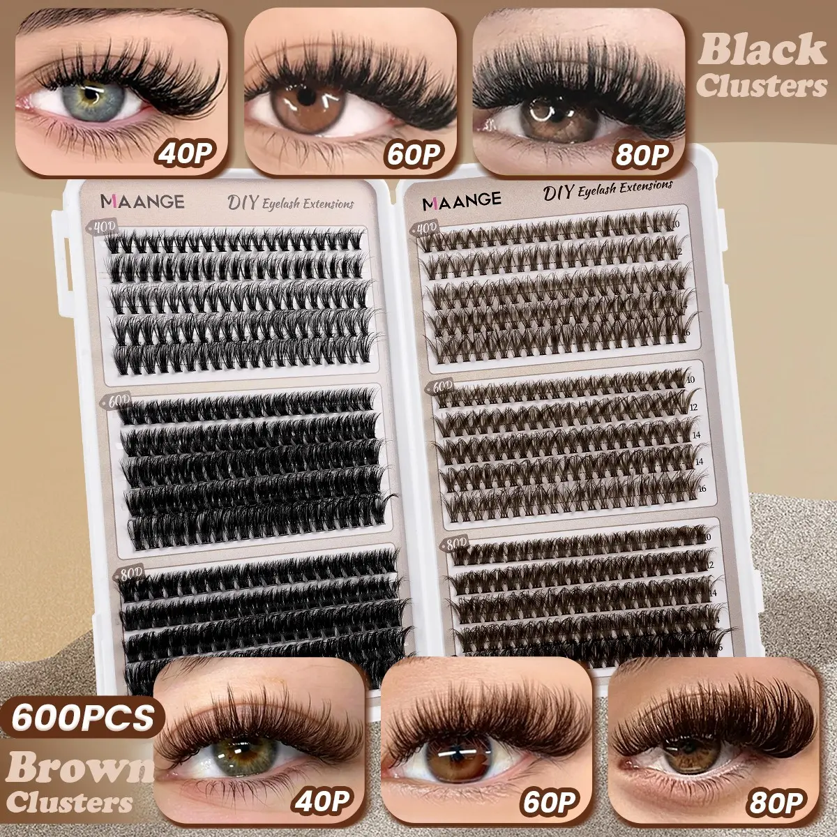 MAANGE 600pcs DIY Lash Clusters, Volume Wispy Individual Eyelash Extensions, Black & Brown Mixed Styles, Mixed Length Cluster Lashes in 40P/60P/80P, Reusable Segmented Lashes for Beginners & Makeup Lovers
