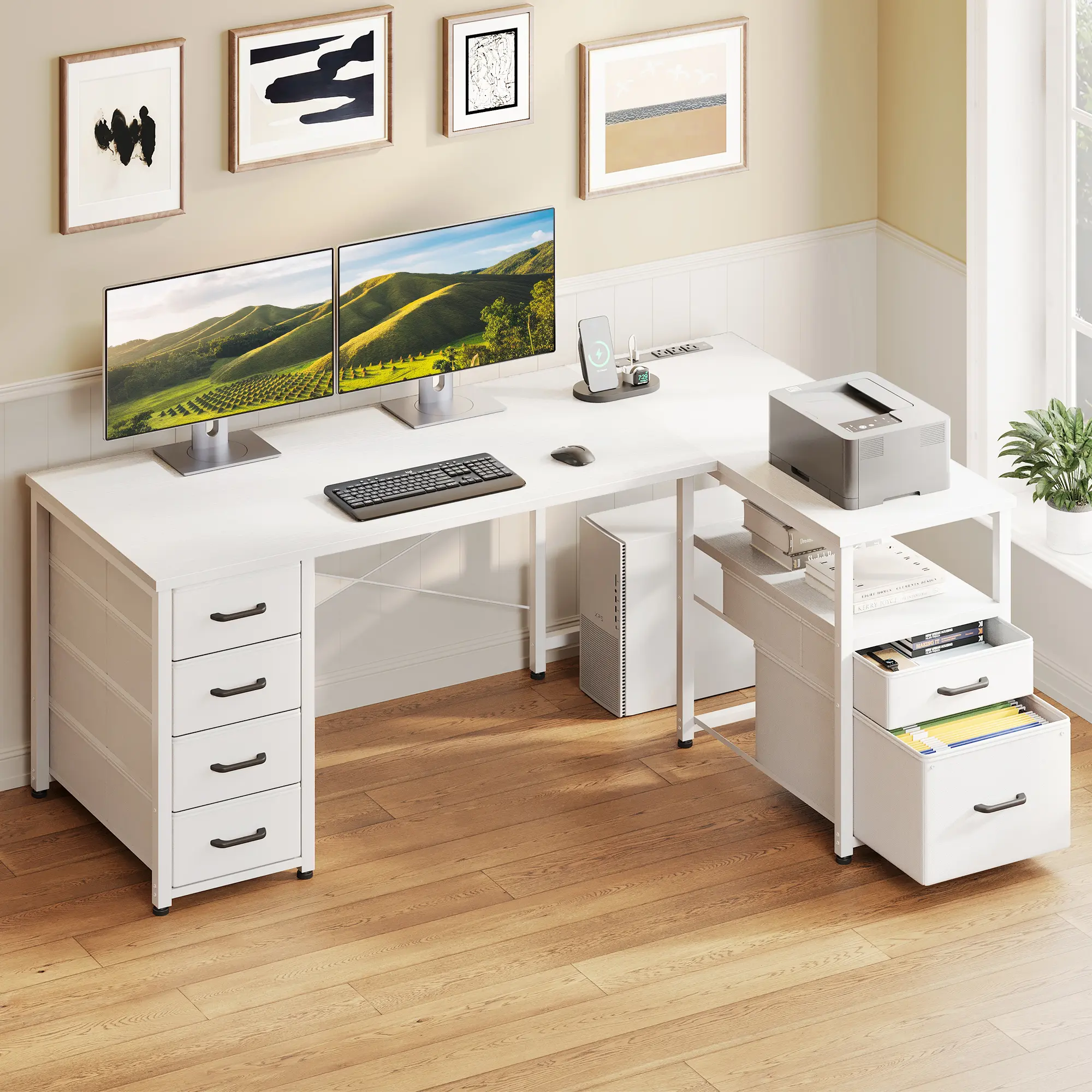 AODK Modern L-Shaped Computer Desk with Charging Ports, 6 Drawers, Reversible Storage Shelf, File Drawer, Sturdy Legs & Easy Setup, Commercial Home Office Furniture Workspace