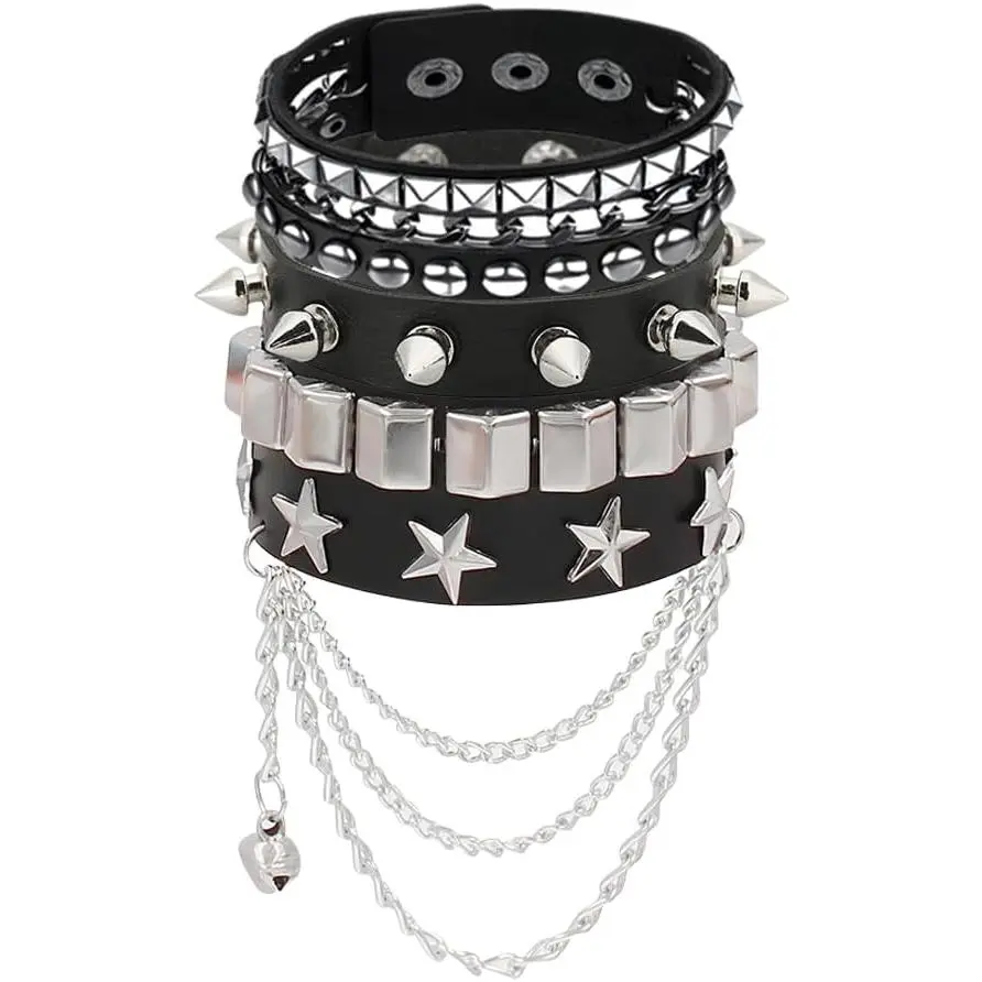 3 count Punk Rock Studded Bracelet Set, Goth Spiked Leather Cuff Bangle, 80s Wristband Bracelets Halloween Accessories Adjustable for Men Women (punk set-4)