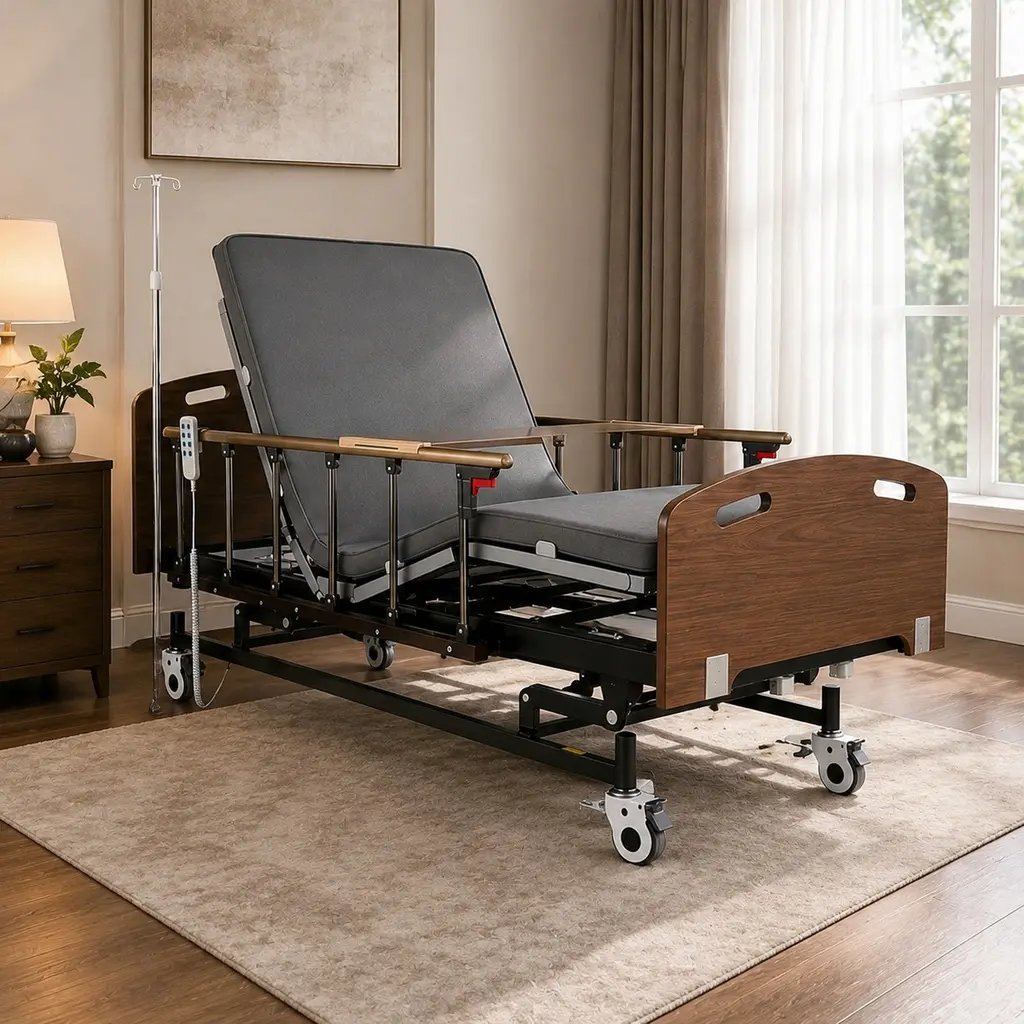 Chocolate Twin XL ARCH Full Electric Adjustable Bed Frame & Mattress Combo - MDF+Iron Frame, 3-Function Ergonomic Home Care Bed with Remote, IV Pole, Secure Guardrails, 4-Wheel Independent Braking Lockable Casters, 83"x42.5", 222.70 lb Capacity